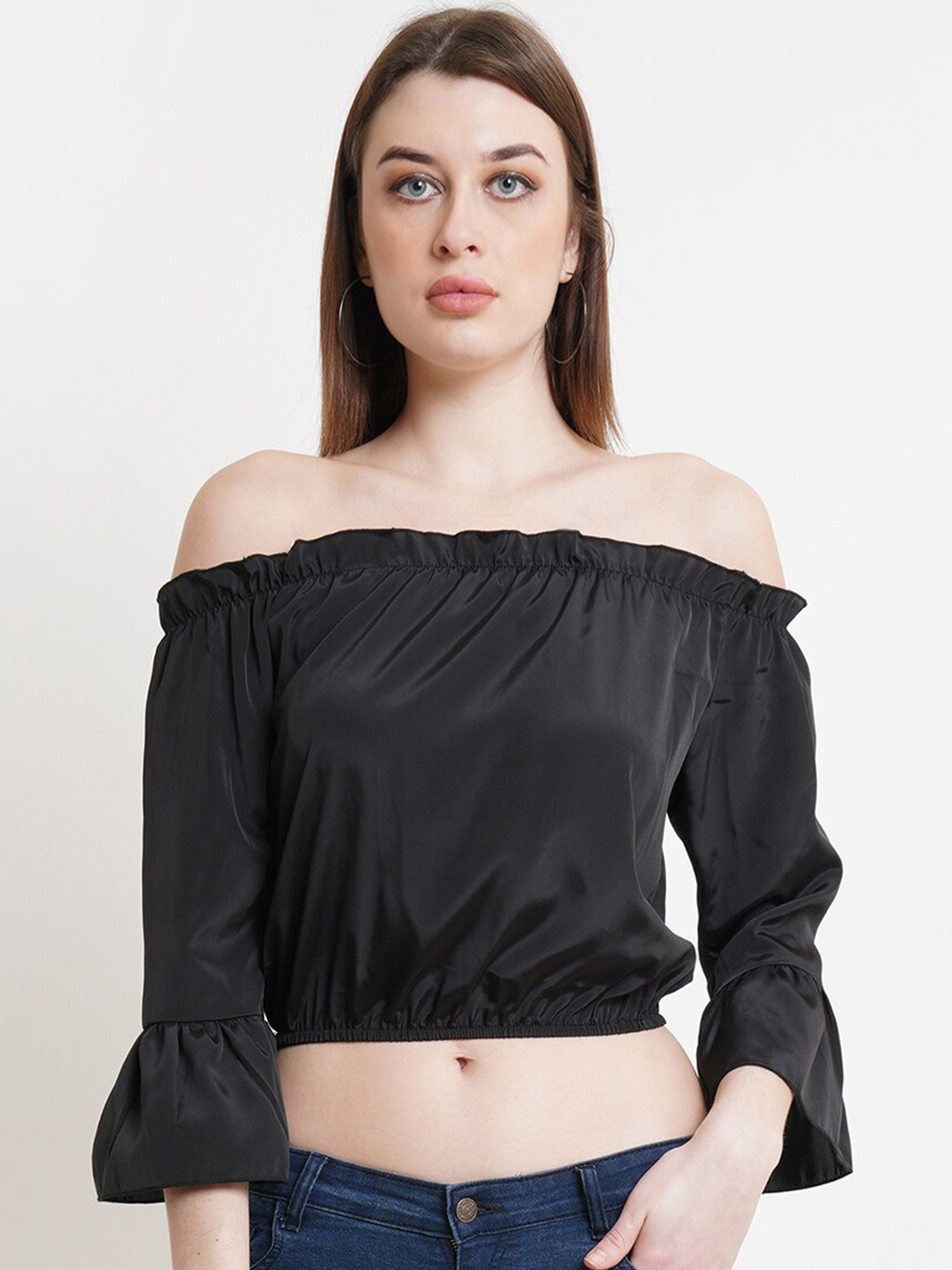 

DODO & MOA Women Black Solid Off-Shoulder Bardot Crop Top