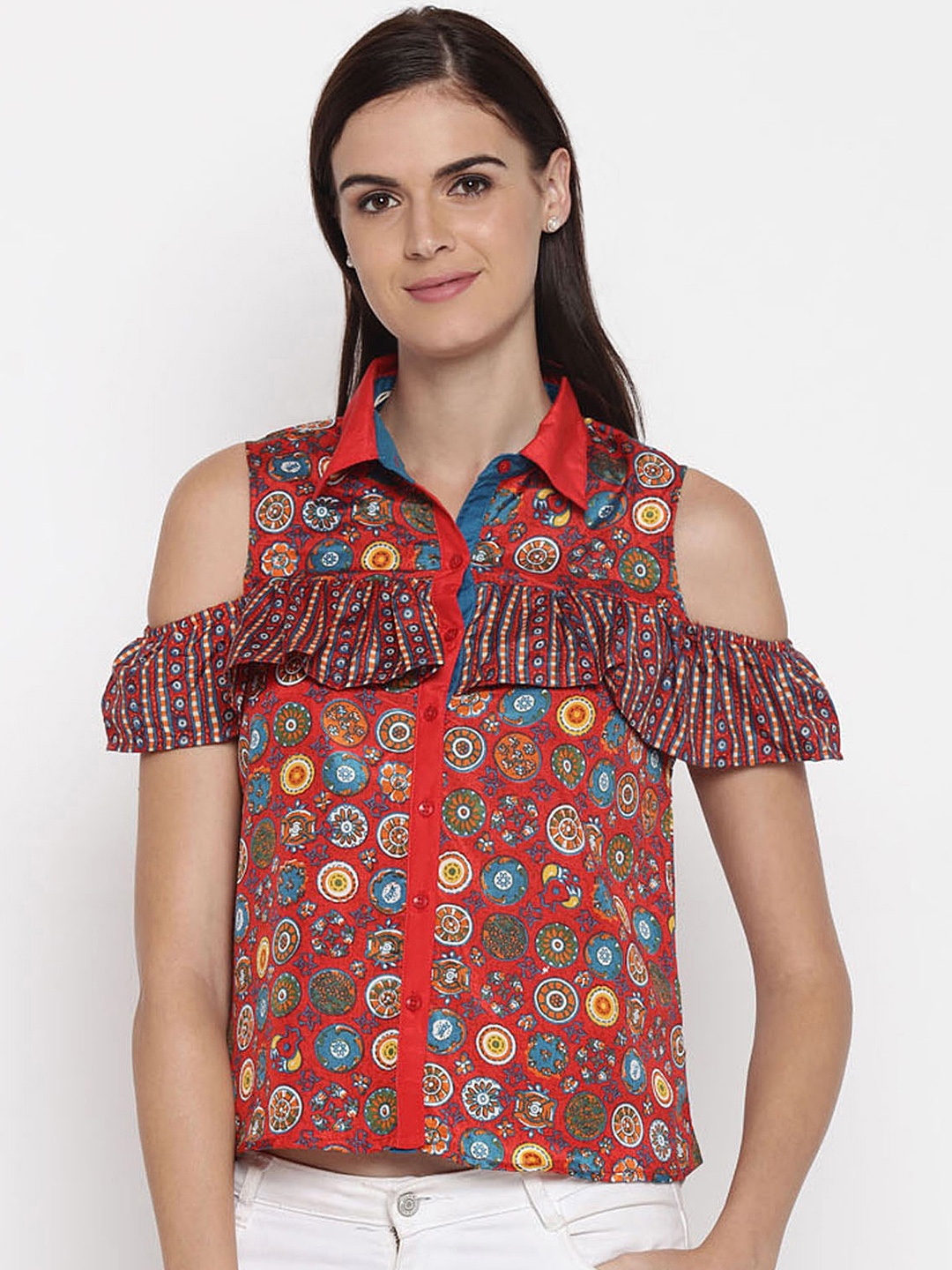 

AKKRITI BY PANTALOONS Women Red & Teal Blue Regular Fit Printed Casual Shirt