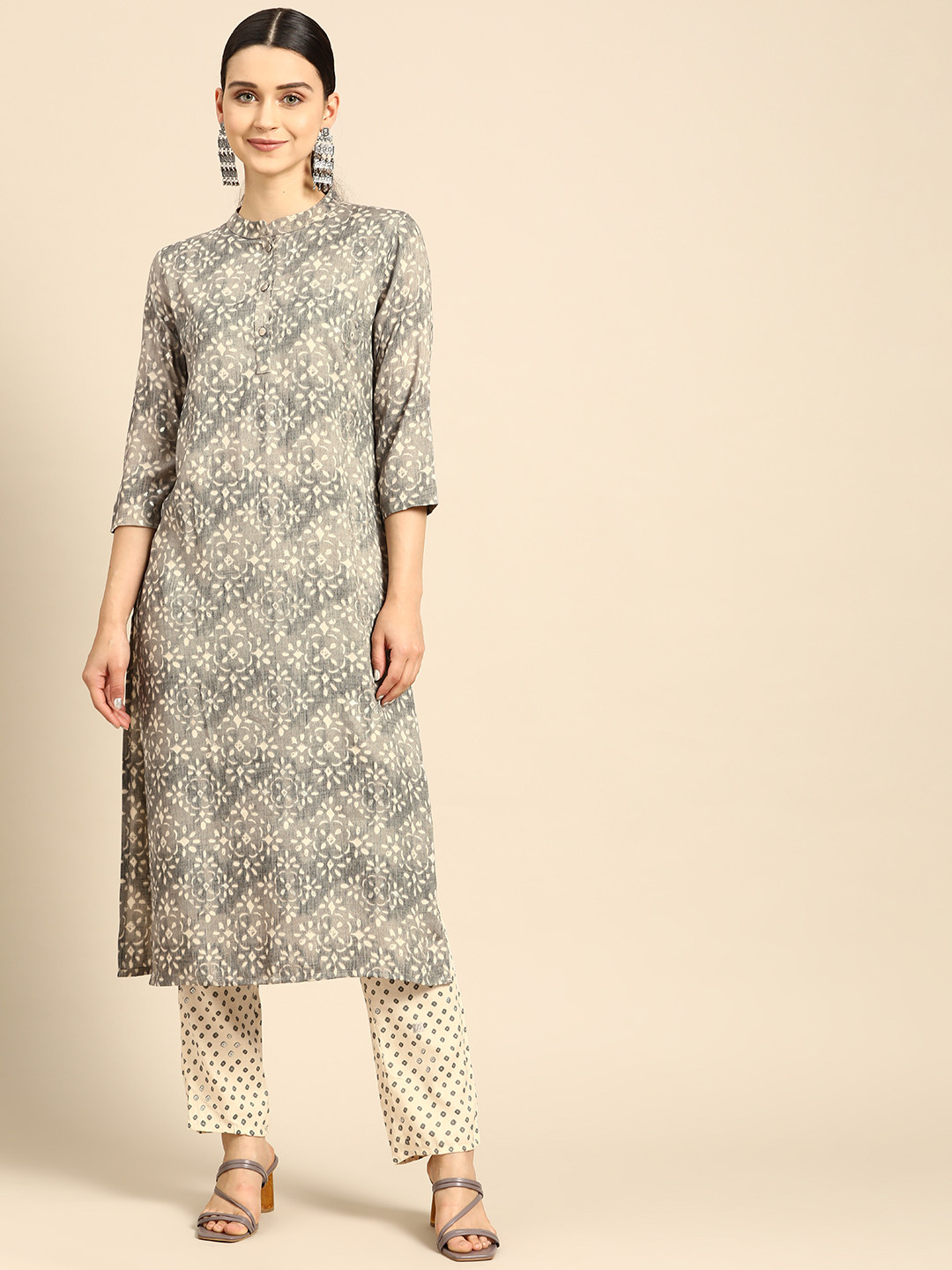 

Anouk Women Grey & White Ethnic Motifs Print Kurta with Trousers