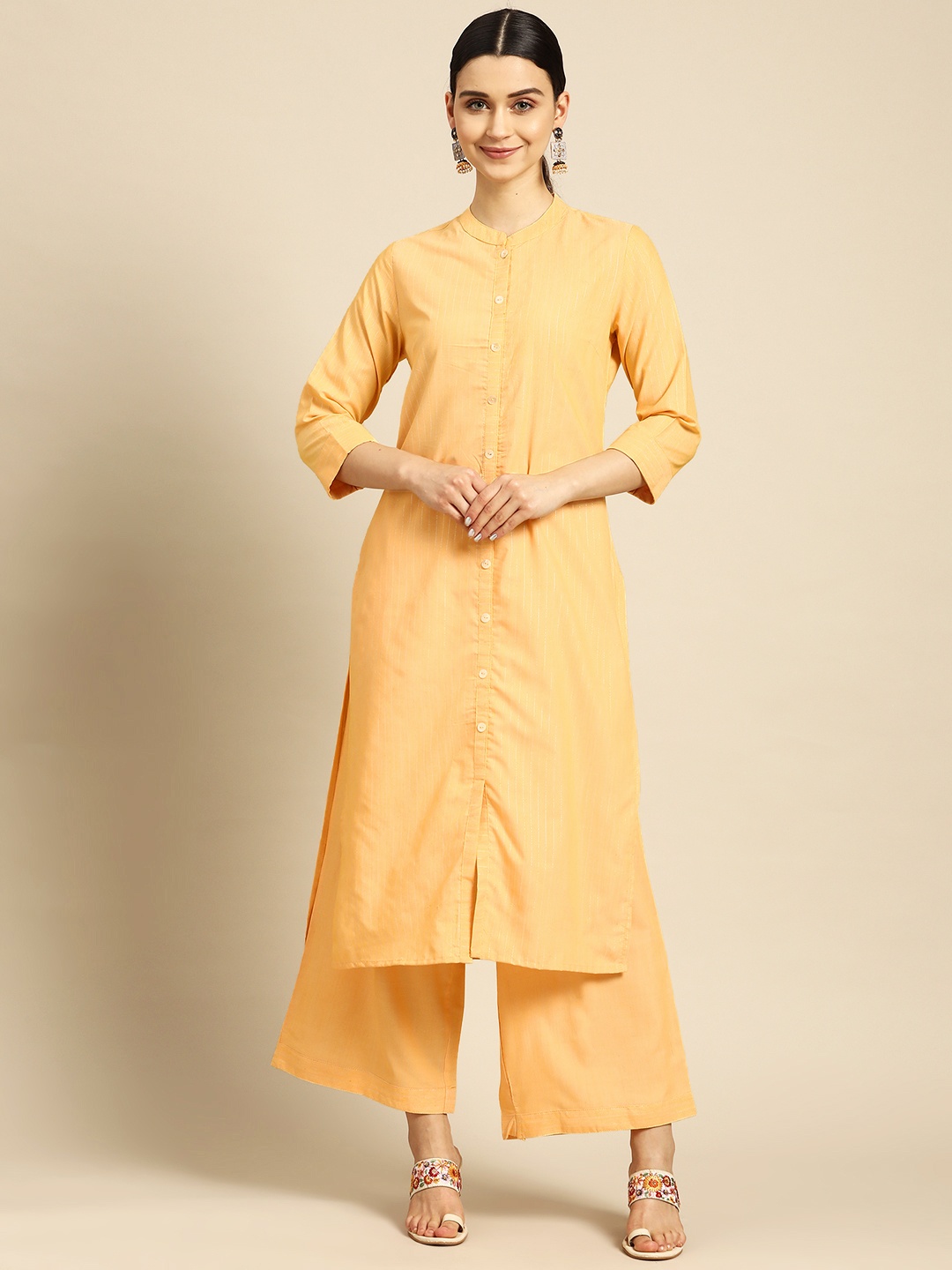 

Anouk Women Yellow Striped Kurta with Palazzos