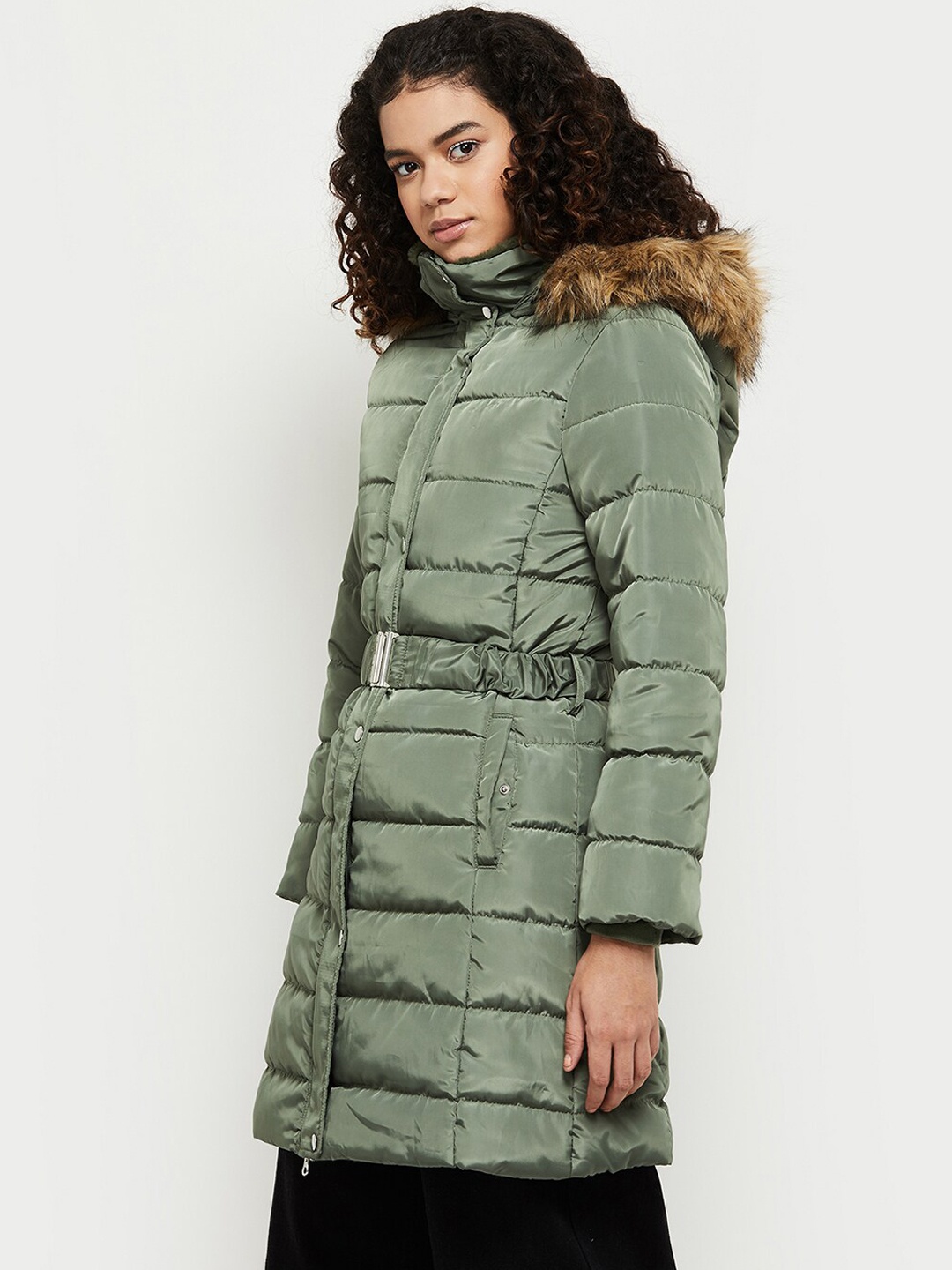 

max Women Green Solid Longline Parka Jacket
