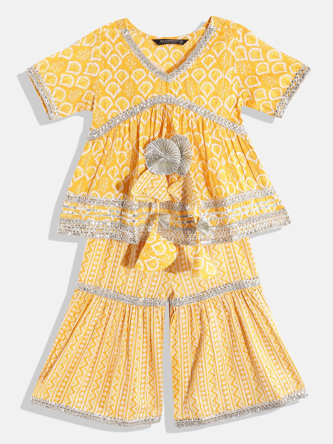 

Readiprint Fashions Girls Yellow Ethnic Motifs Printed Empire Gotta Patti Pure Cotton Kurti with Sharara