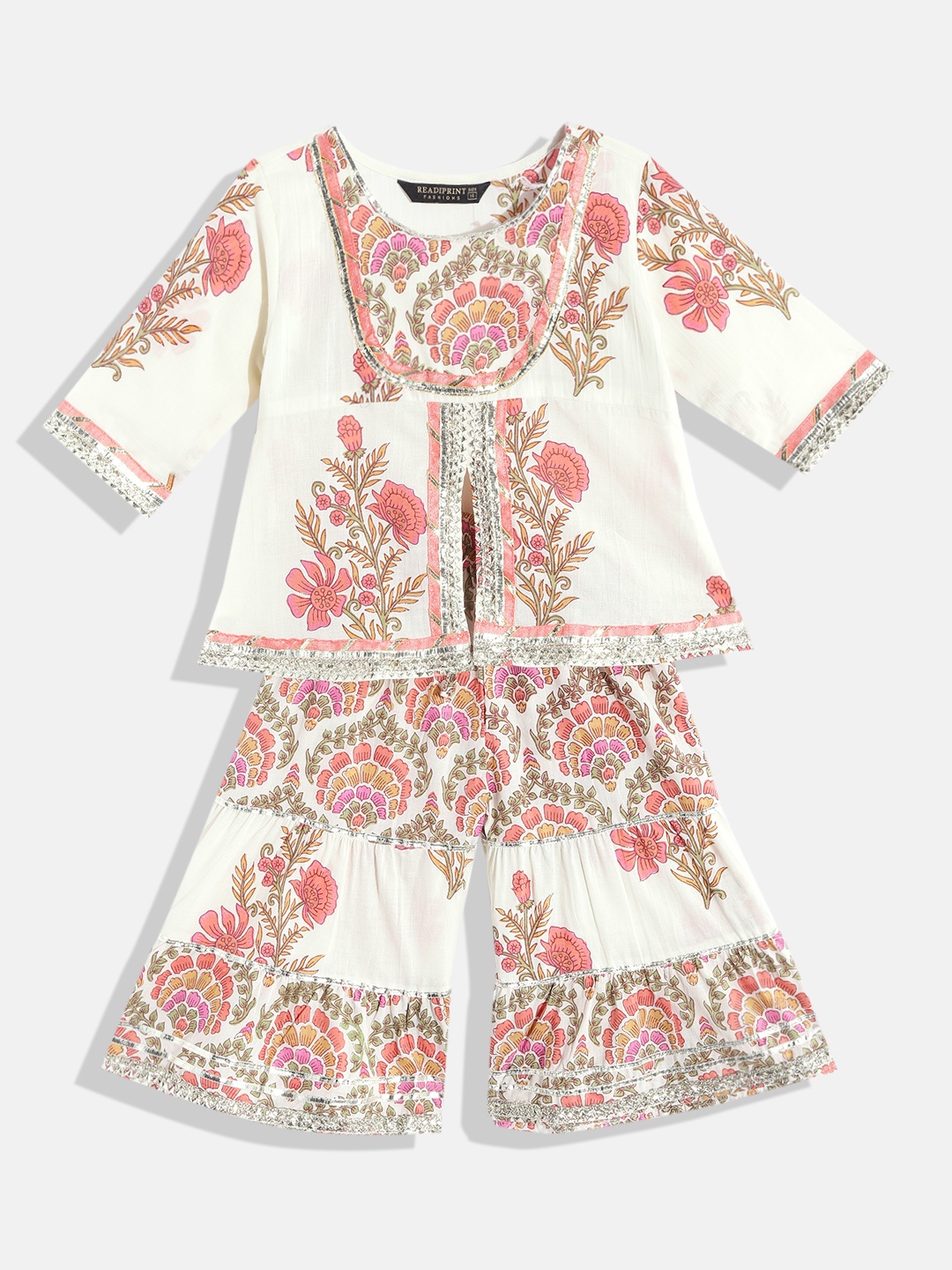 

Readiprint Girls Cream-Coloured Floral Printed Empire Gotta Patti Pure Cotton Kurti with Sharara