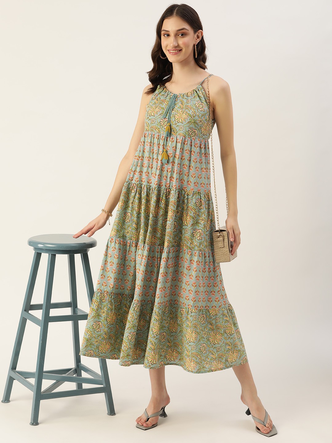 

DressBerry Sea Green & Red Floral Pure Cotton Tiered Maxi Dress