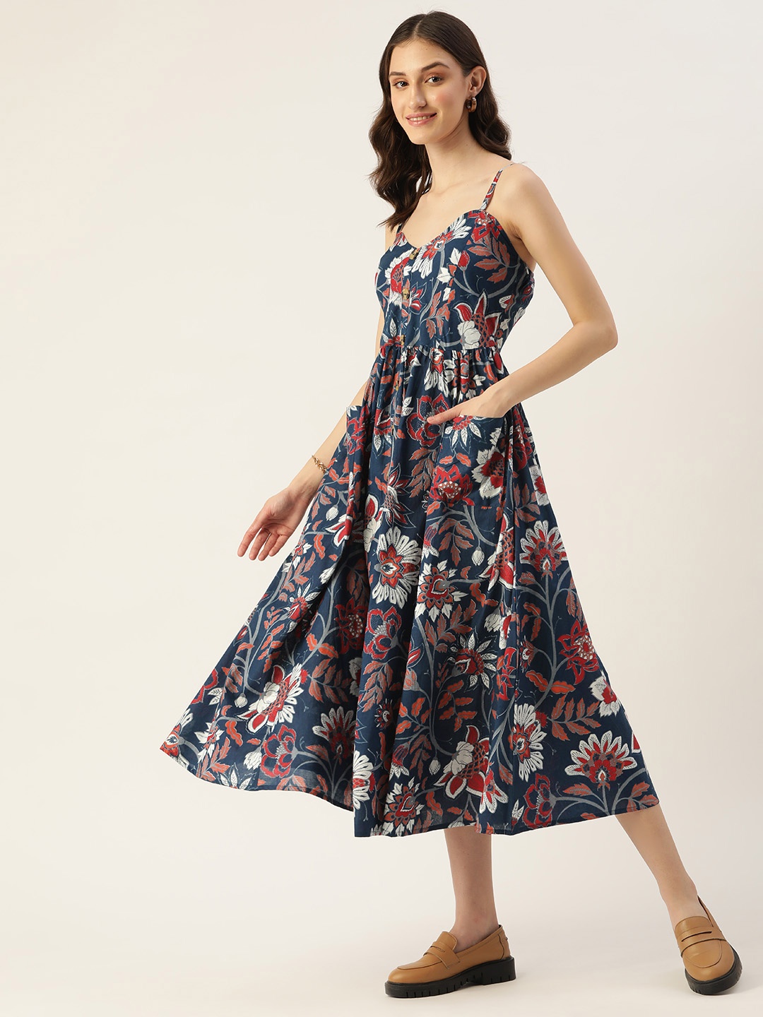 

DressBerry Navy Blue & Orange Floral Pure Cotton Empire Maxi Dress