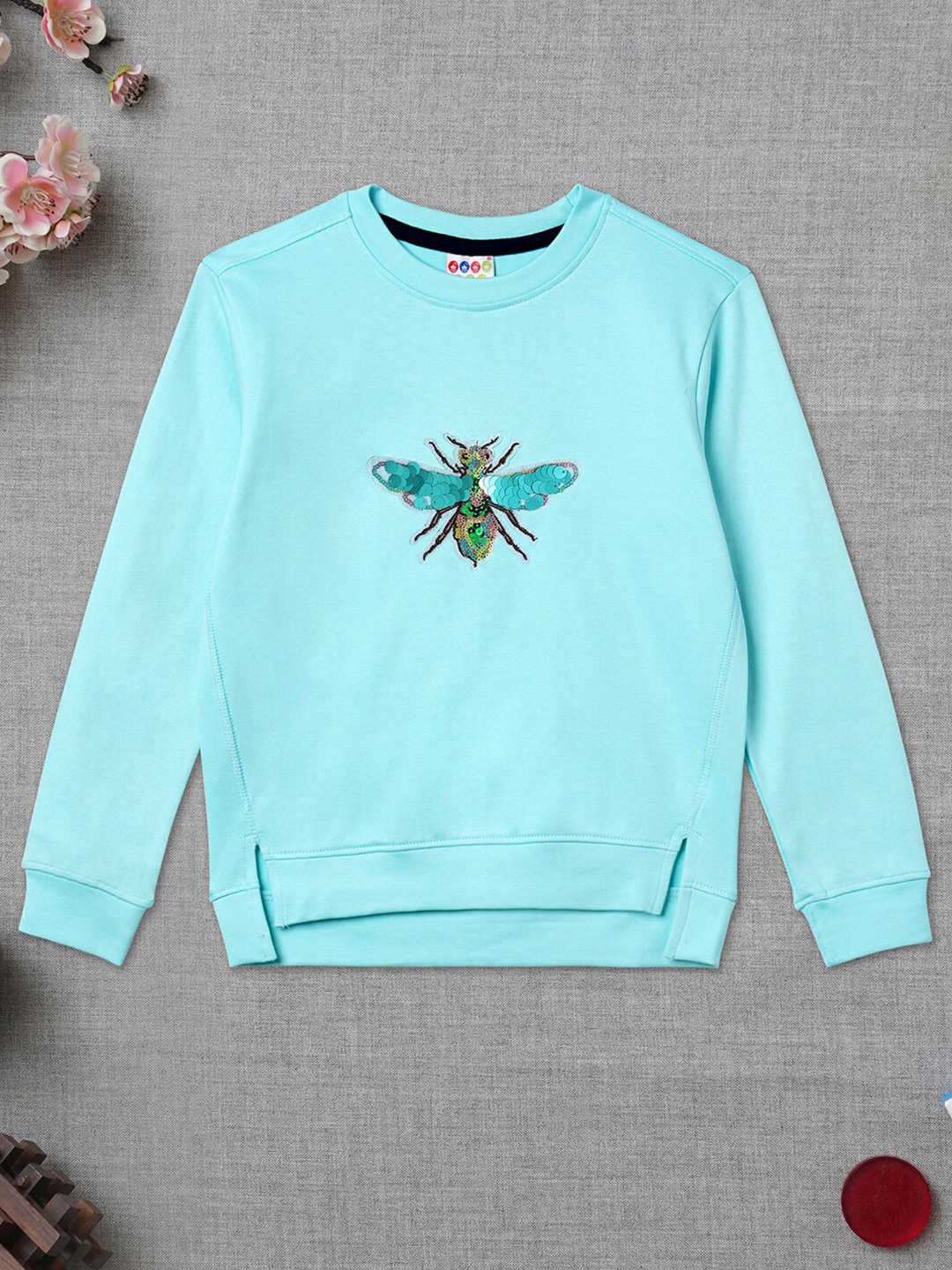 

ZION Girls Sea Green Embellished Cotton Sweatshirt