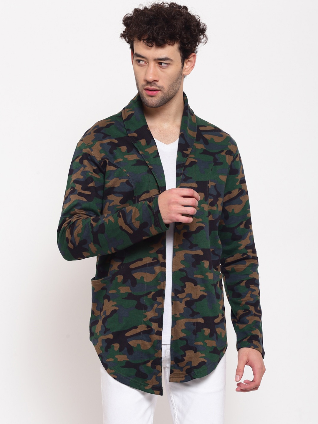 

PAUSE SPORT Men Green Camouflage Antimicrobial Longline Open Front Jacket