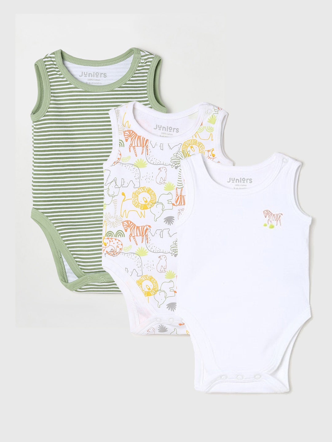 

Juniors by Lifestyle Infants Pack of 3 Printed Pure Cotton Rompers, Green