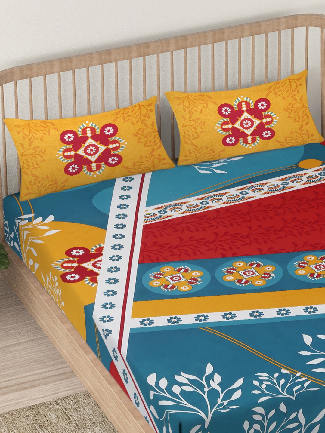 

EK BY EKTA KAPOOR Blue & Yellow Pure Cotton 120 TC King Bedsheet With 2 Pillow Covers