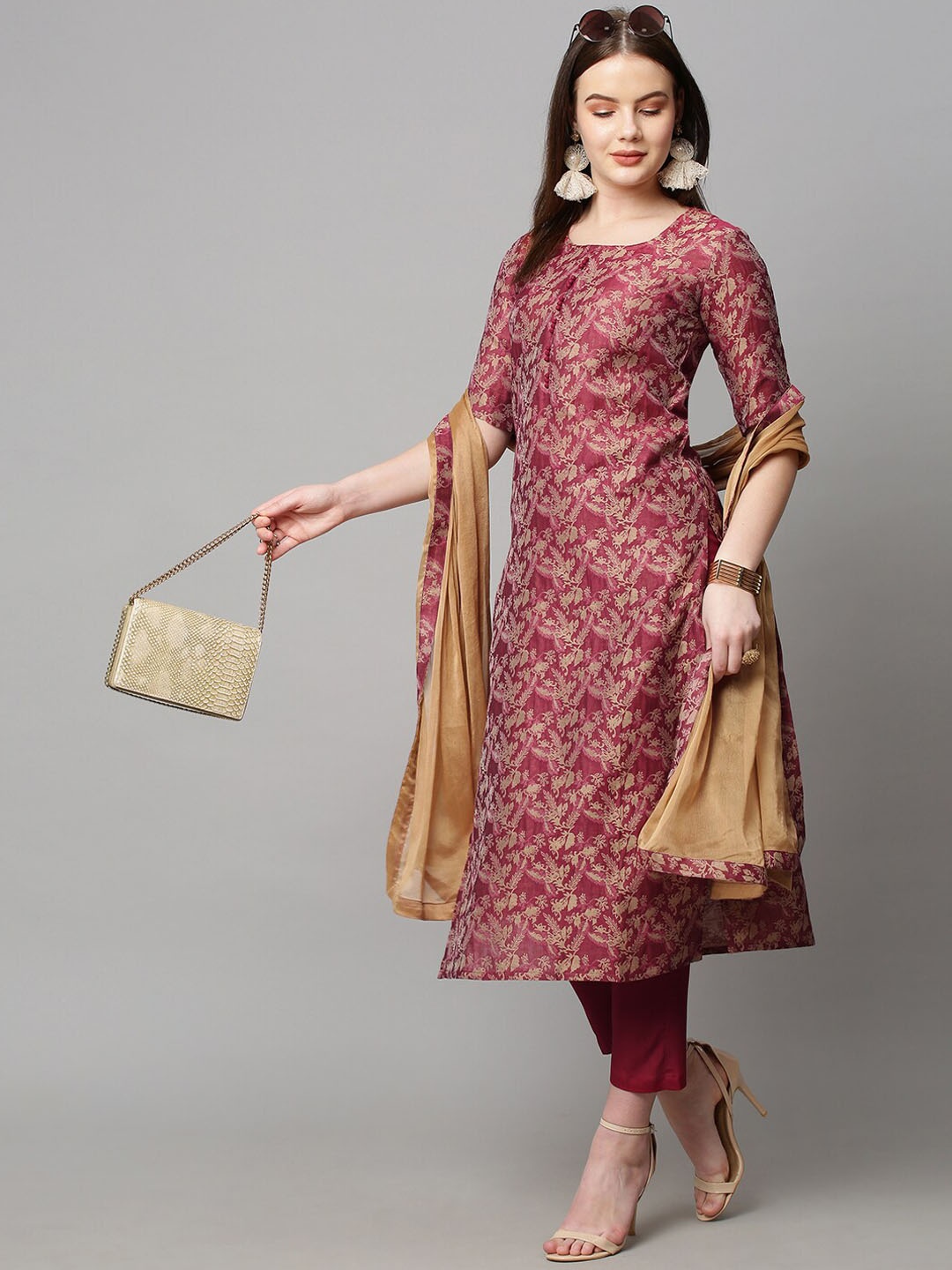 

KALINI Women Red Floral Woven Kurta with Trousers & Dupatta, Maroon