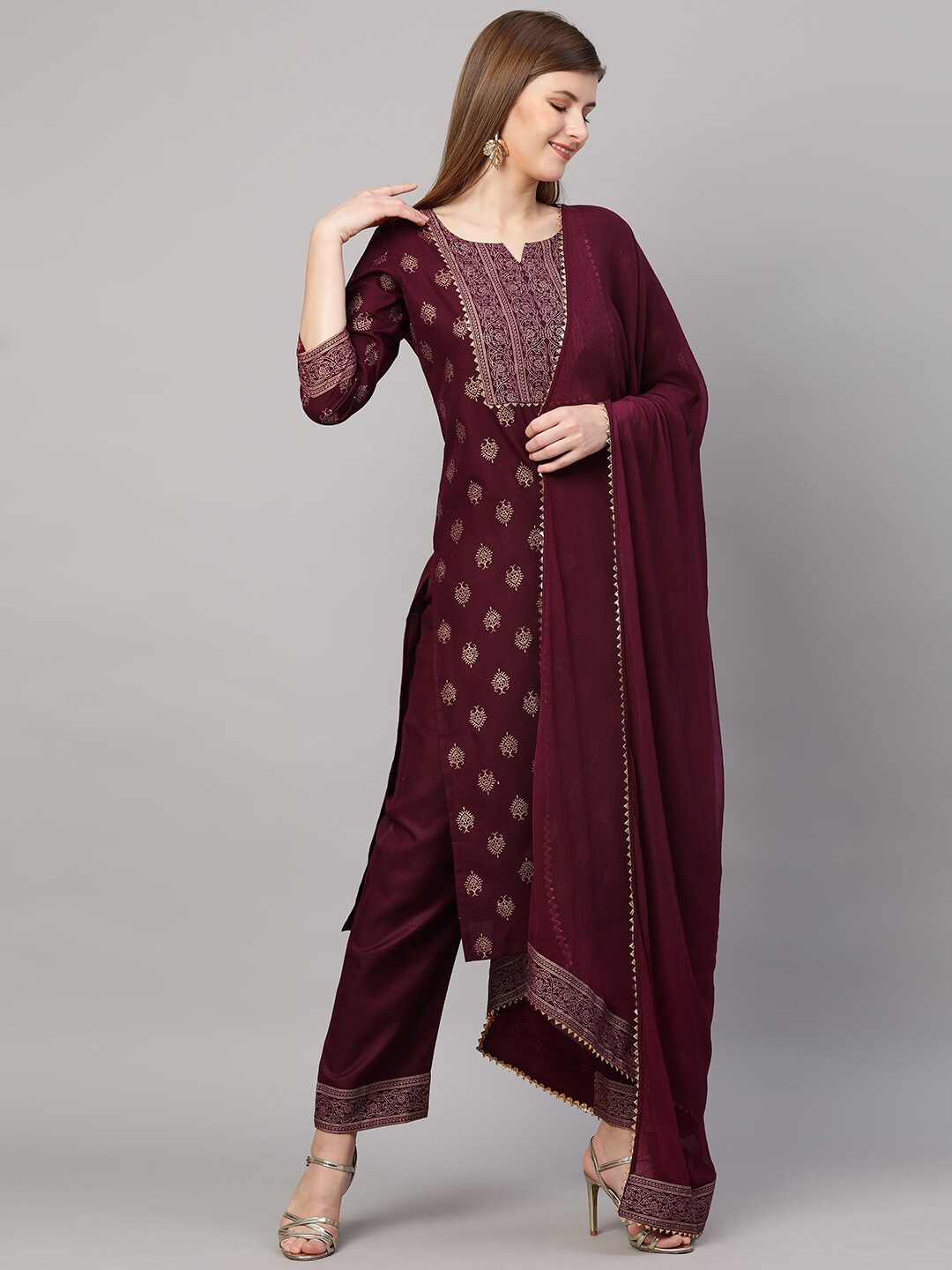 

KALINI Women Burgundy Ethnic Motifs Printed Kurta with Trousers & With Dupatta