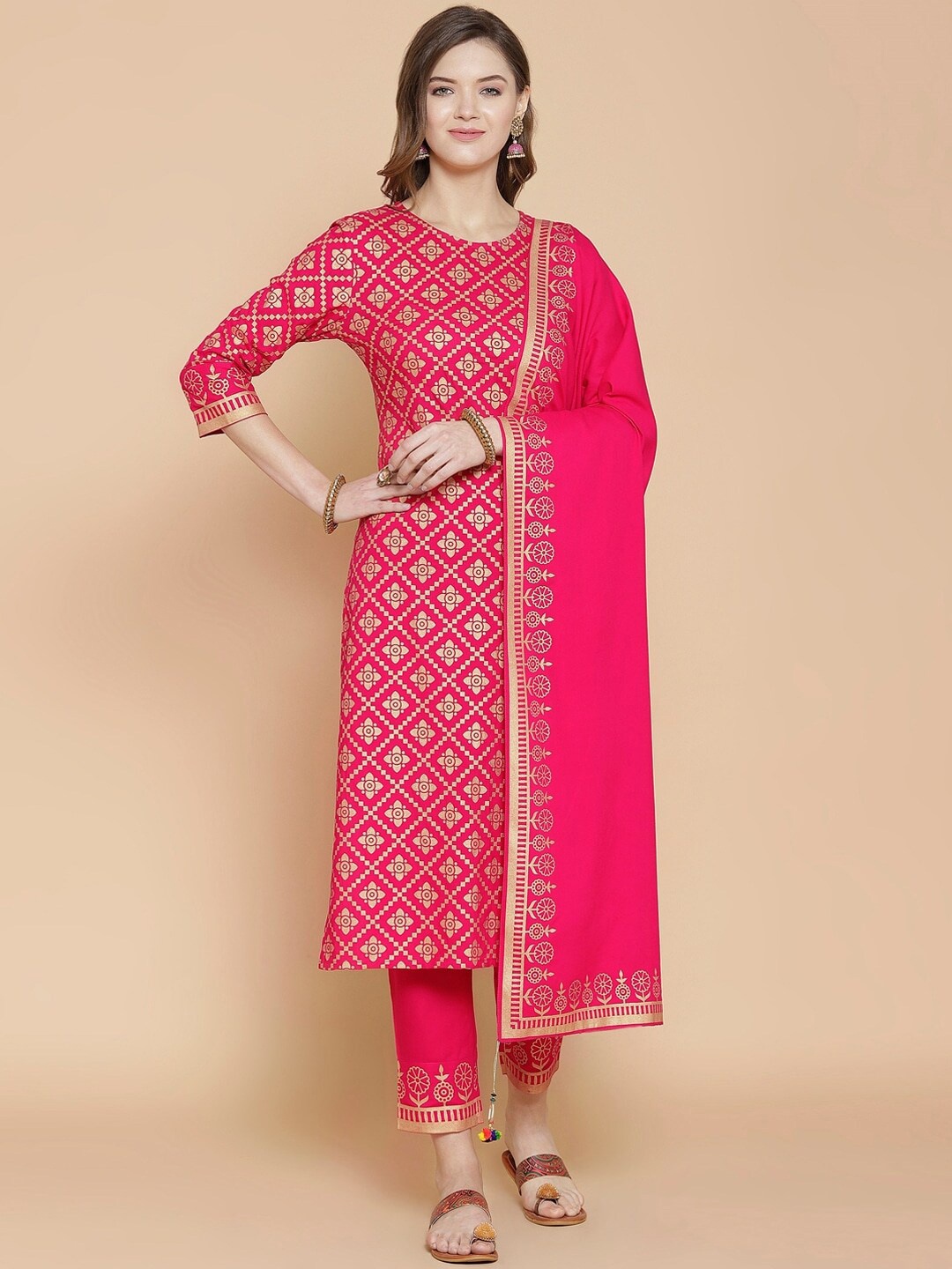 

KALINI Women Pink Floral Printed Pure Cotton Kurta with Trousers & With Dupatta