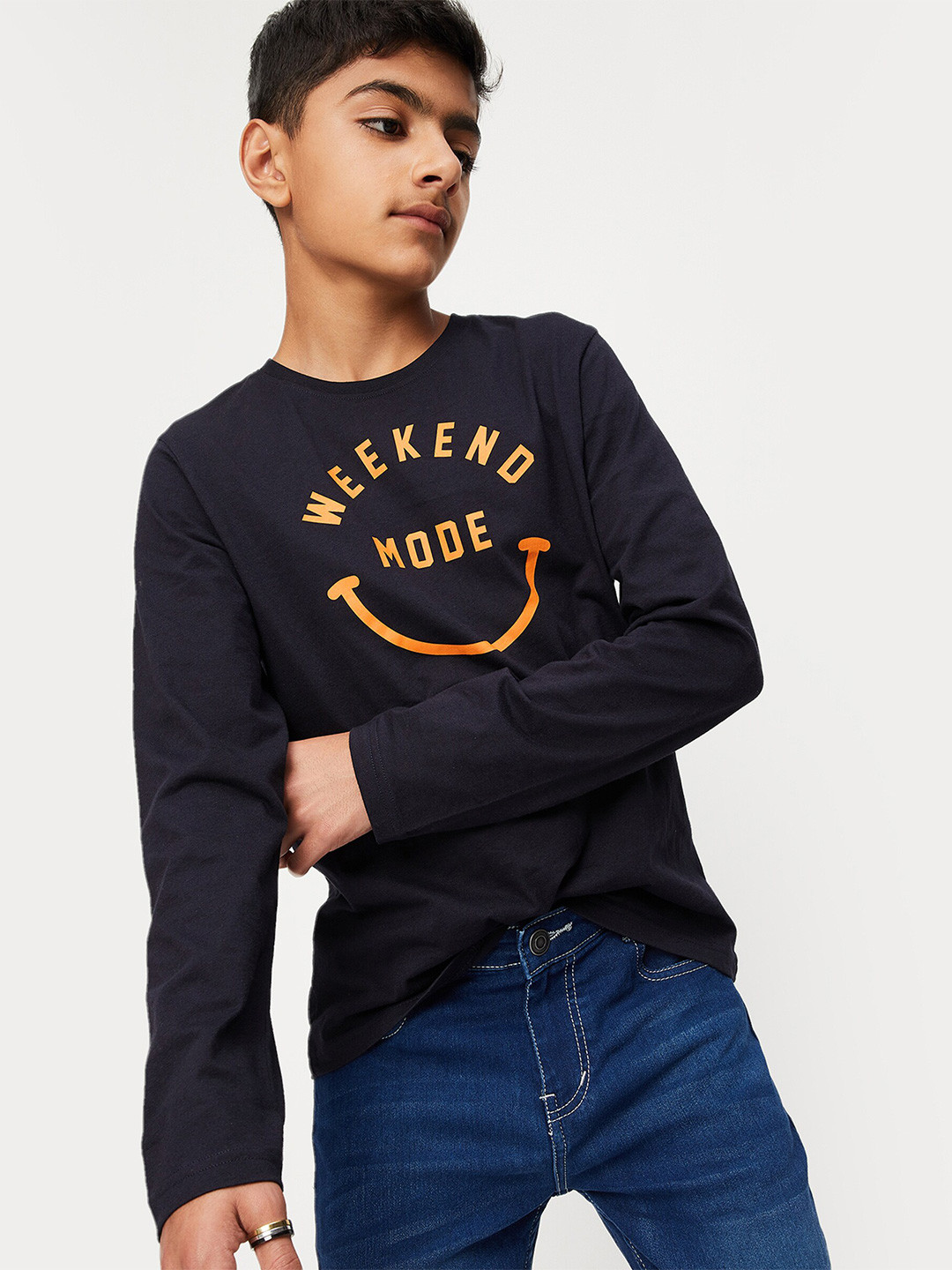 

max Boys Black Typography Printed Cotton T-shirt