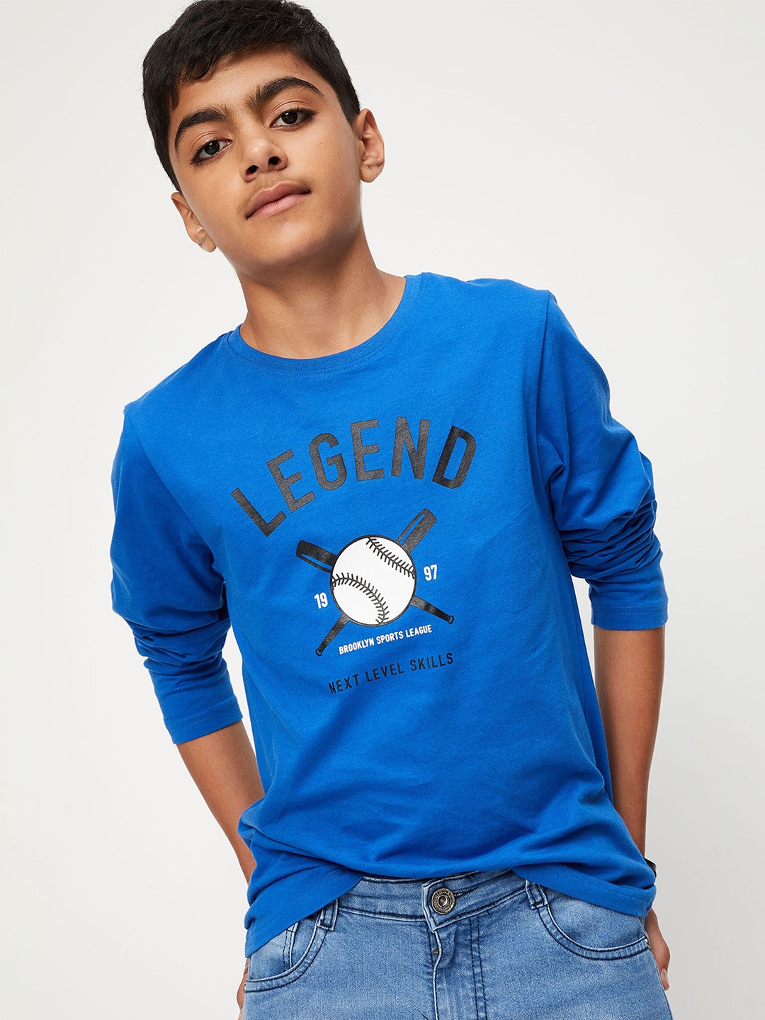 

max Boys Blue Sports Printed Cotton T-shirt