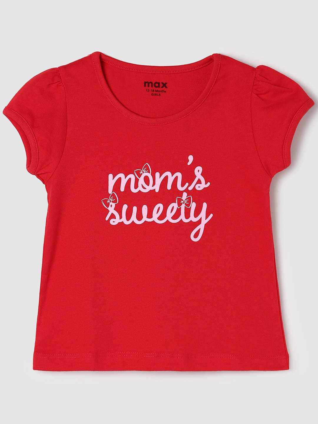 

max Girls Red Typography Printed Puff Sleeves Cotton T-shirt