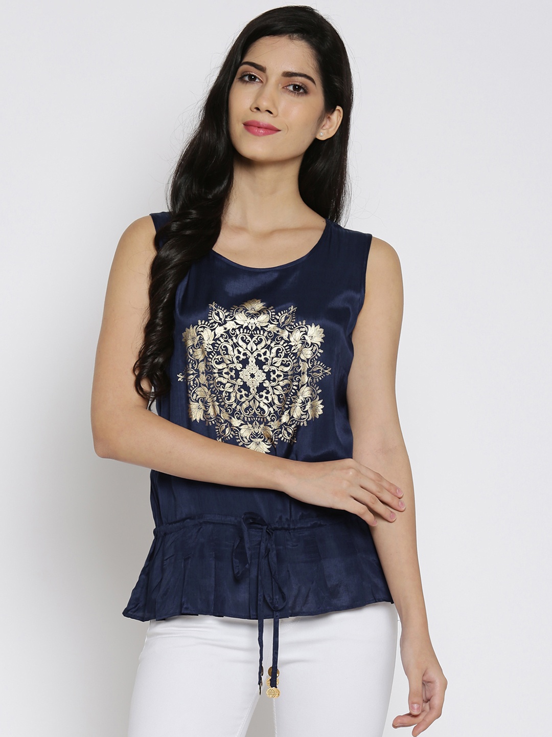 

AKKRITI BY PANTALOONS Women Navy Blue Printed Peplum Top