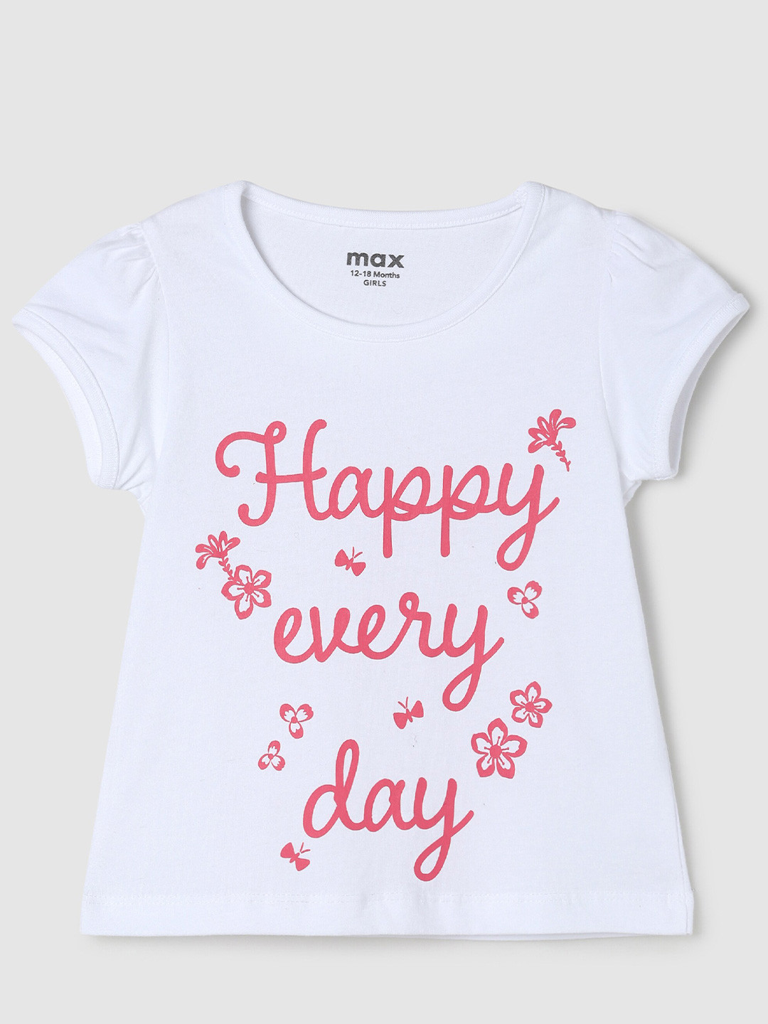 

max Girls White Typography Printed Puff Sleeves Cotton T-shirt