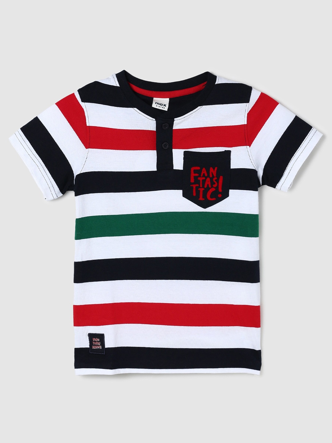 

max Boys White & Navy Blue Printed Henley Neck Cotton T-shirt