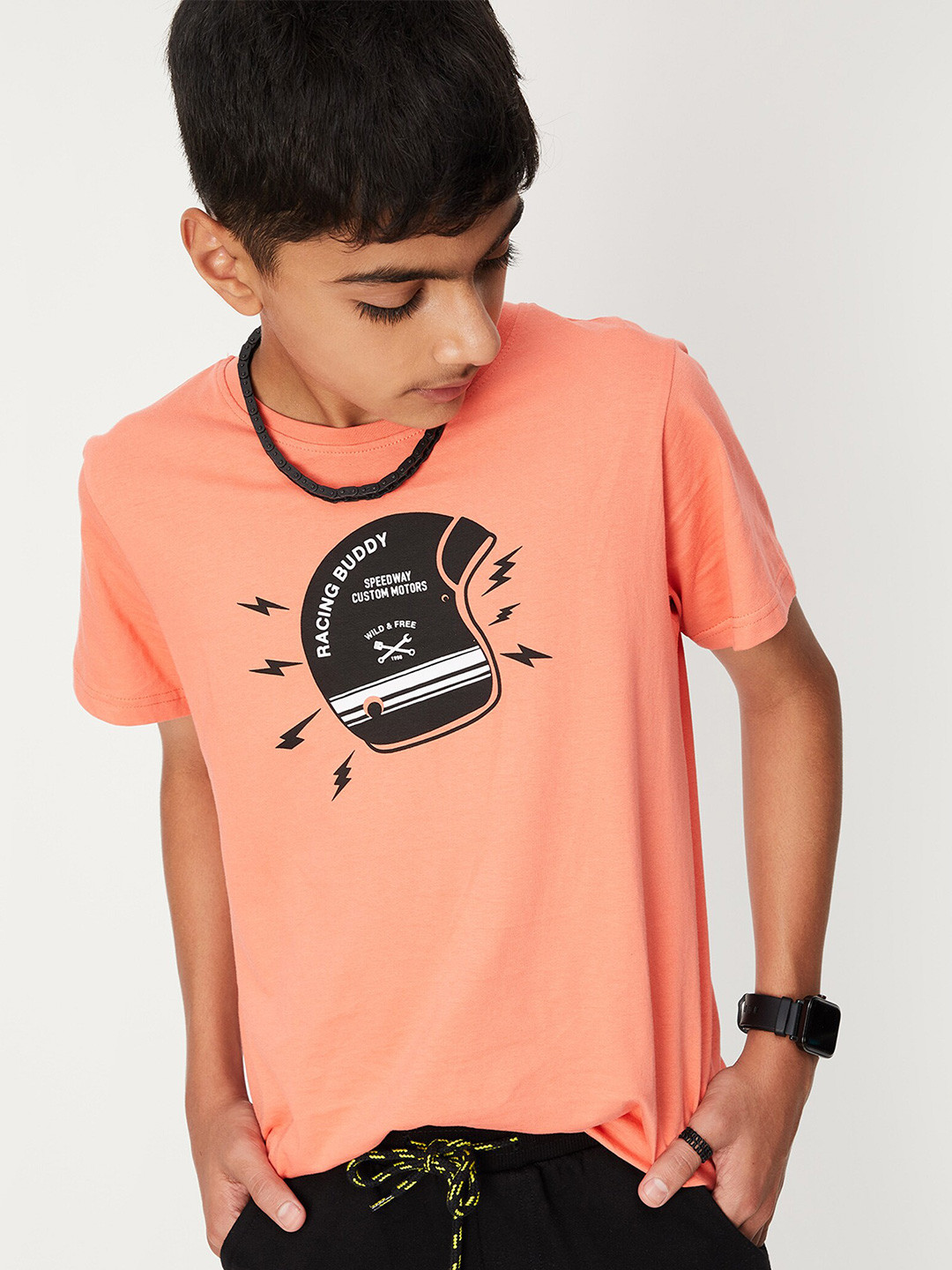 

max Boys Peach-Coloured Biker Printed Cotton T-shirt