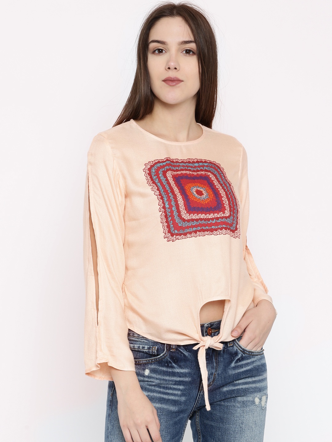 

AKKRITI BY PANTALOONS Women Peach-Coloured & Red Embroidered Top