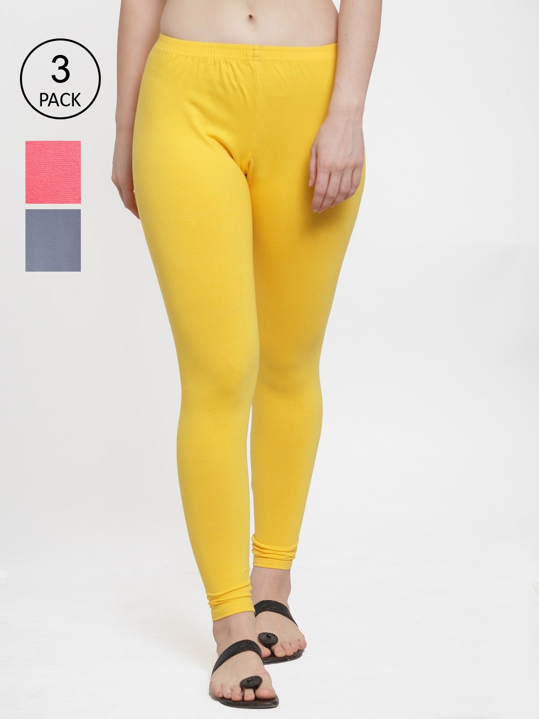 

GRACIT Women Pack Of 3 Grey & Yellow Solid Ankle-Length Leggings