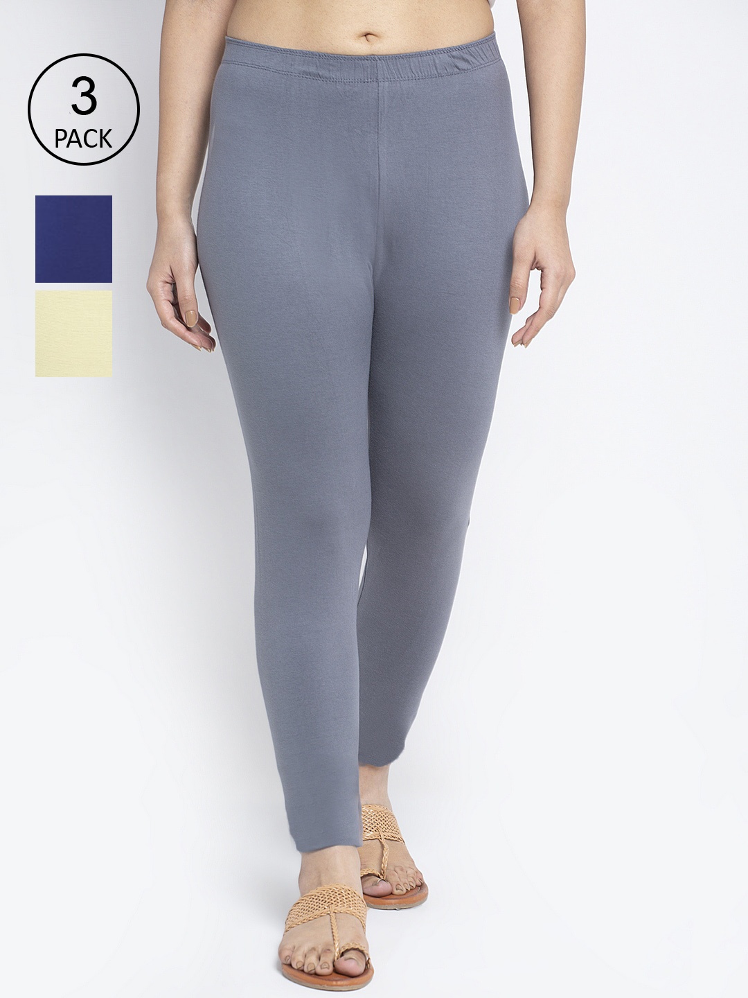 

GRACIT Women Pack Of 3 Grey & Blue Solid Ankle-Length Leggings