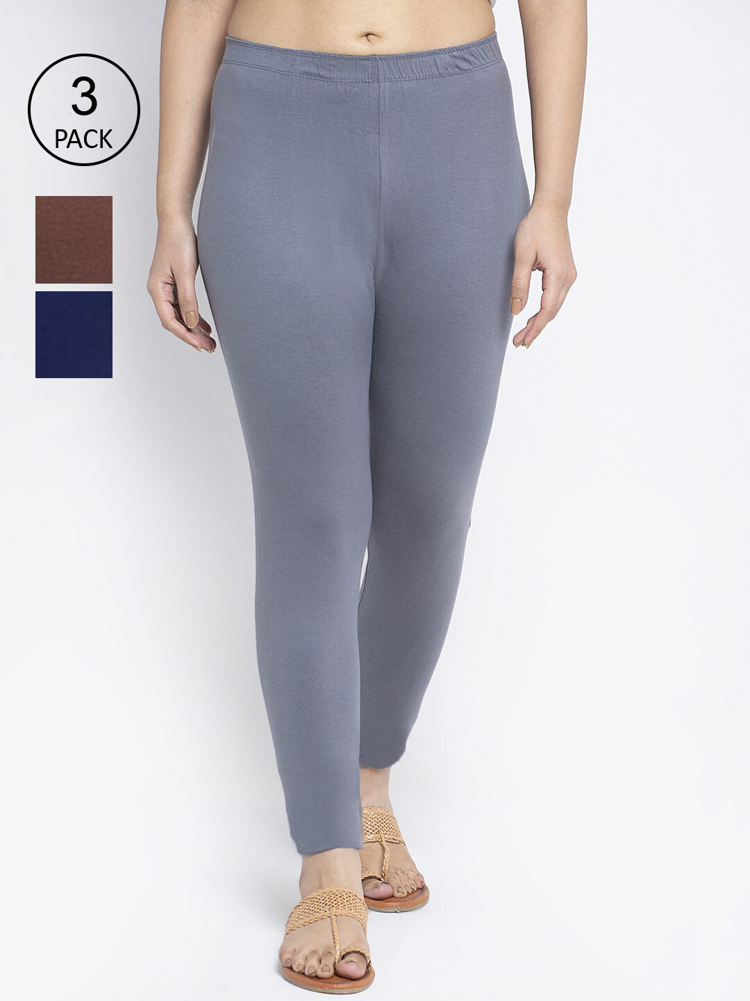 

GRACIT Women Pack Of 3 Grey , Blue & Brown Ankle-Length Leggings
