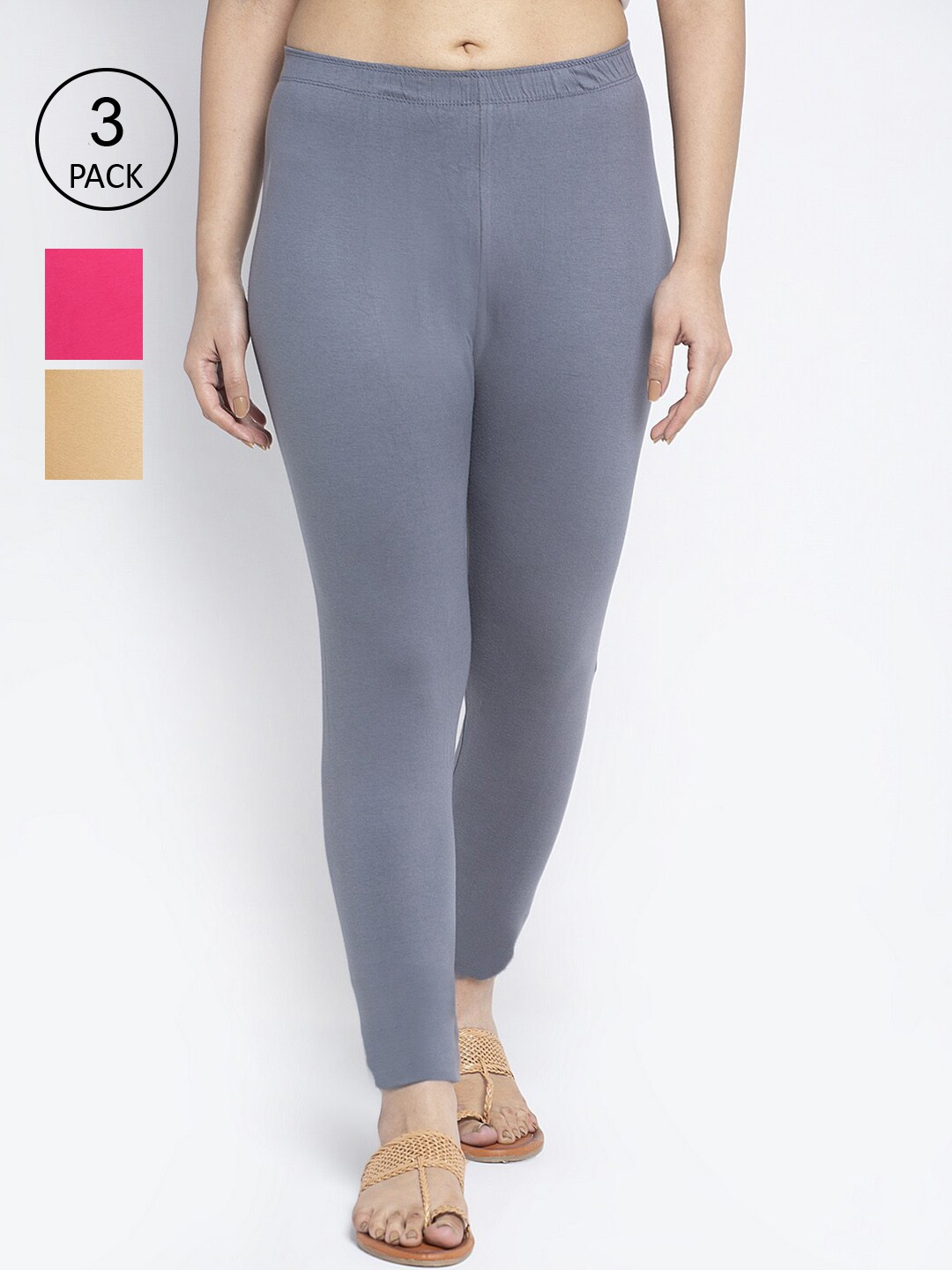 

GRACIT Women Pack Of 3 Grey & Pink Solid Ankle-Length Leggings