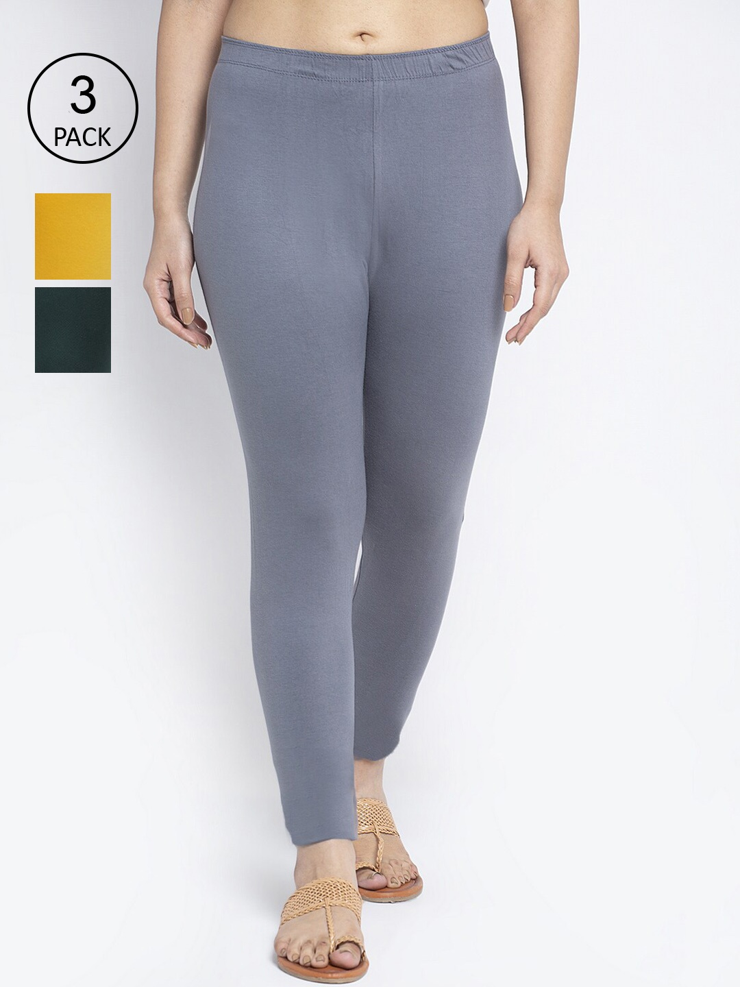

GRACIT Women Pack Of 3 Grey & Yellow Solid Ankle-Length Leggings