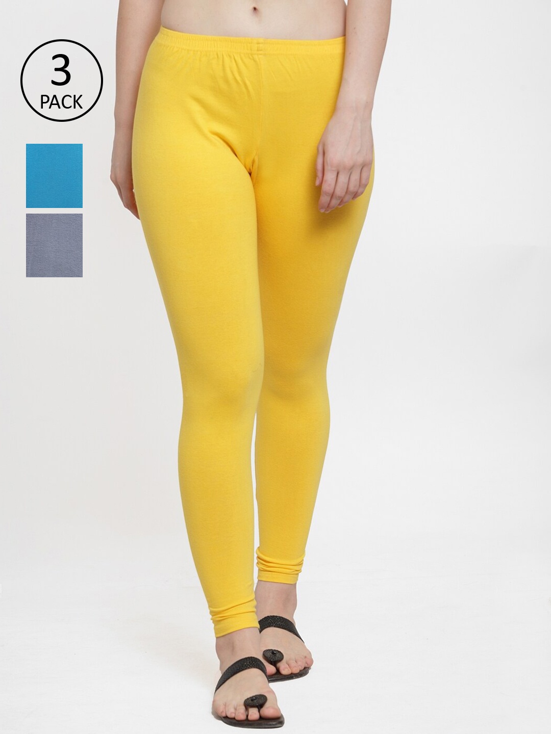 

GRACIT Women Pack Of 3 Grey & Yellow Solid Ankle-Length Leggings