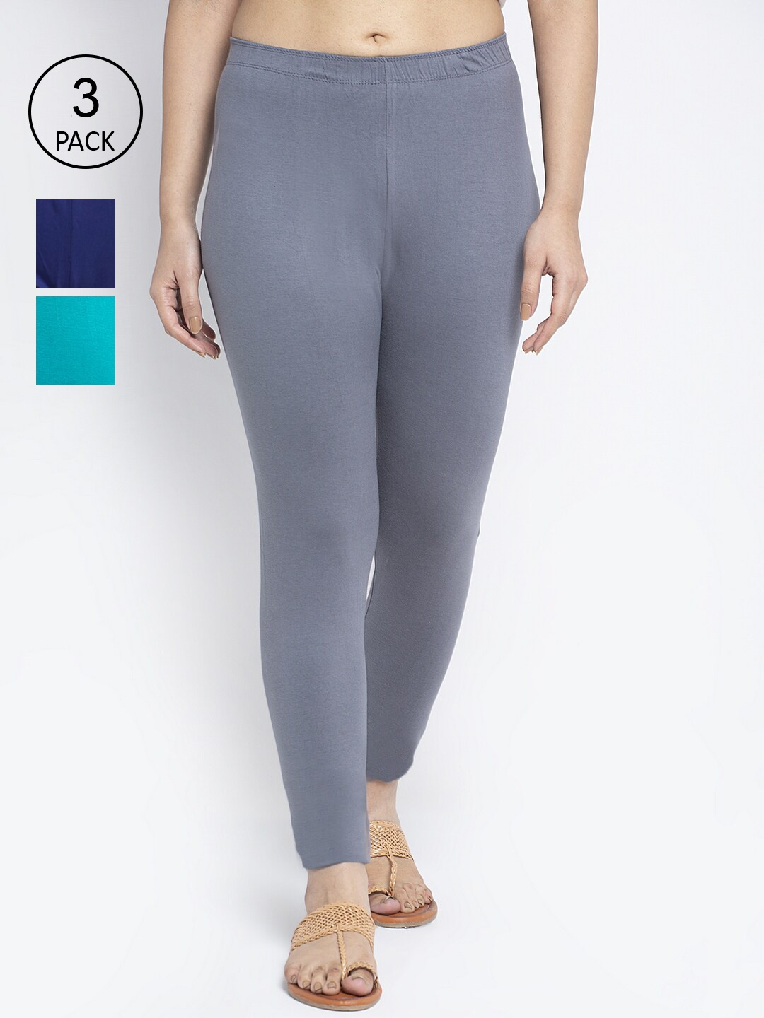 

GRACIT Women Pack Of 3 Grey & Blue Ankle-Length Leggings