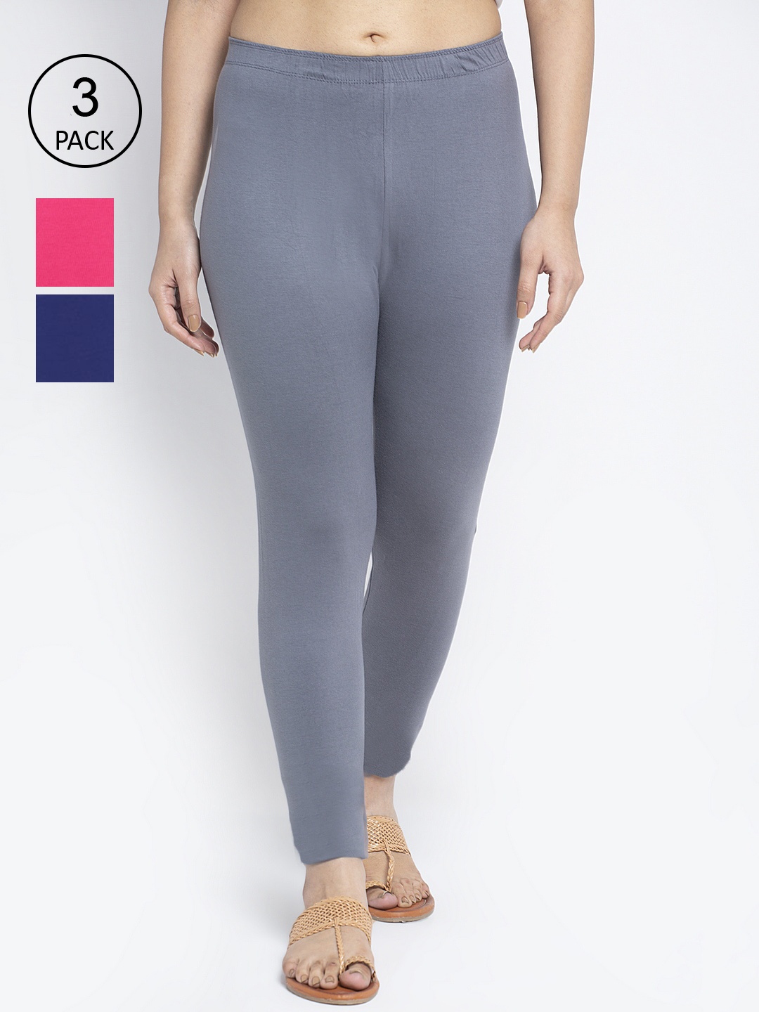 

GRACIT Women Pack Of 3 Solid Ankle-Length Leggings, Grey