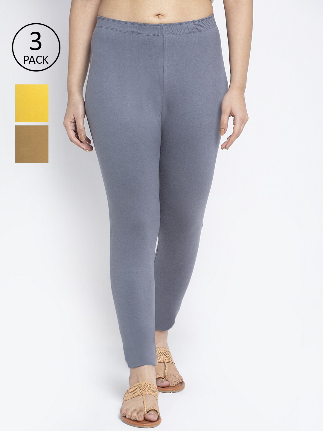 

GRACIT Women Pack Of 3 Grey & Yellow Solid Ankle-Length Leggings