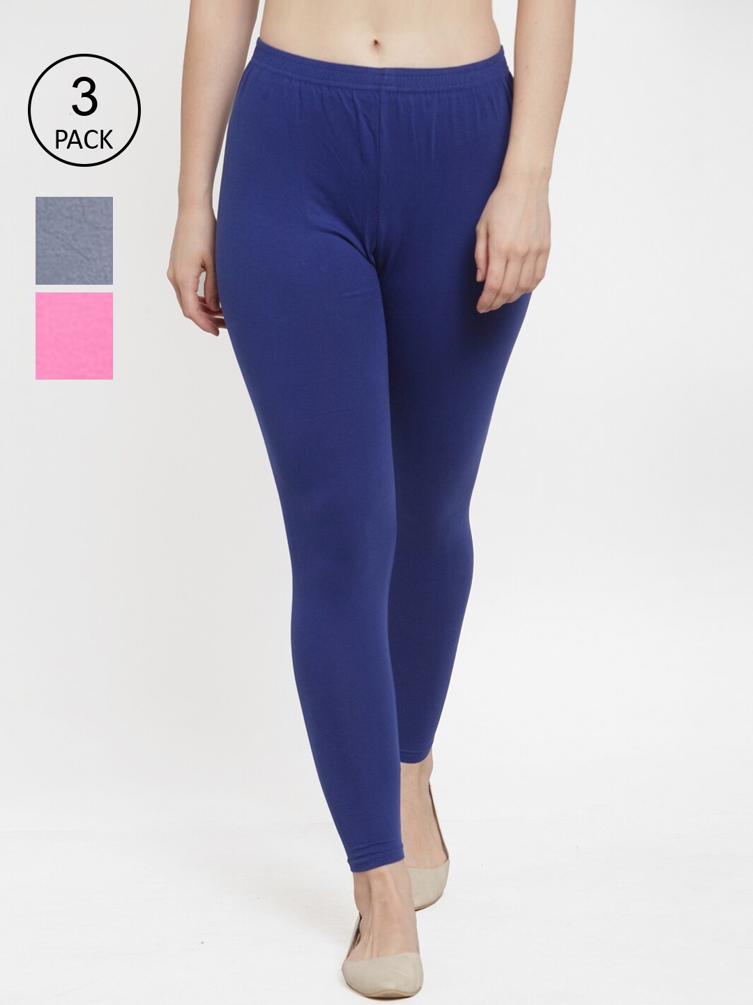 

GRACIT Women Pack Of 3 Grey & Blue Solid Ankle Length Leggings
