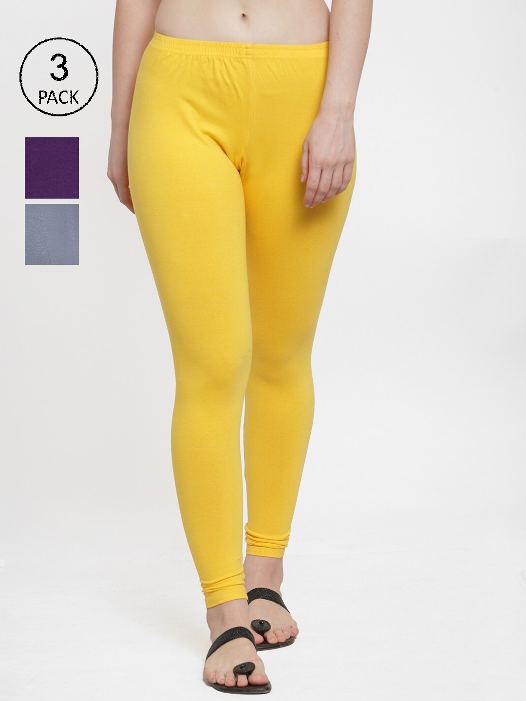 

GRACIT Women Pack Of 3 Grey & Yellow Solid Ankle-Length Leggings