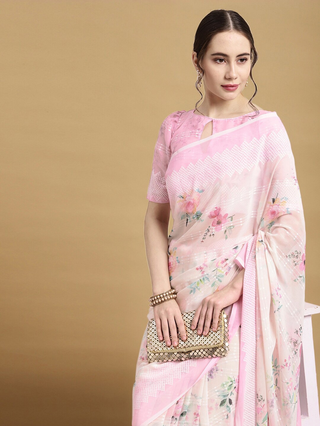 

Satrani Pink & Cream-Coloured Floral Printed Saree