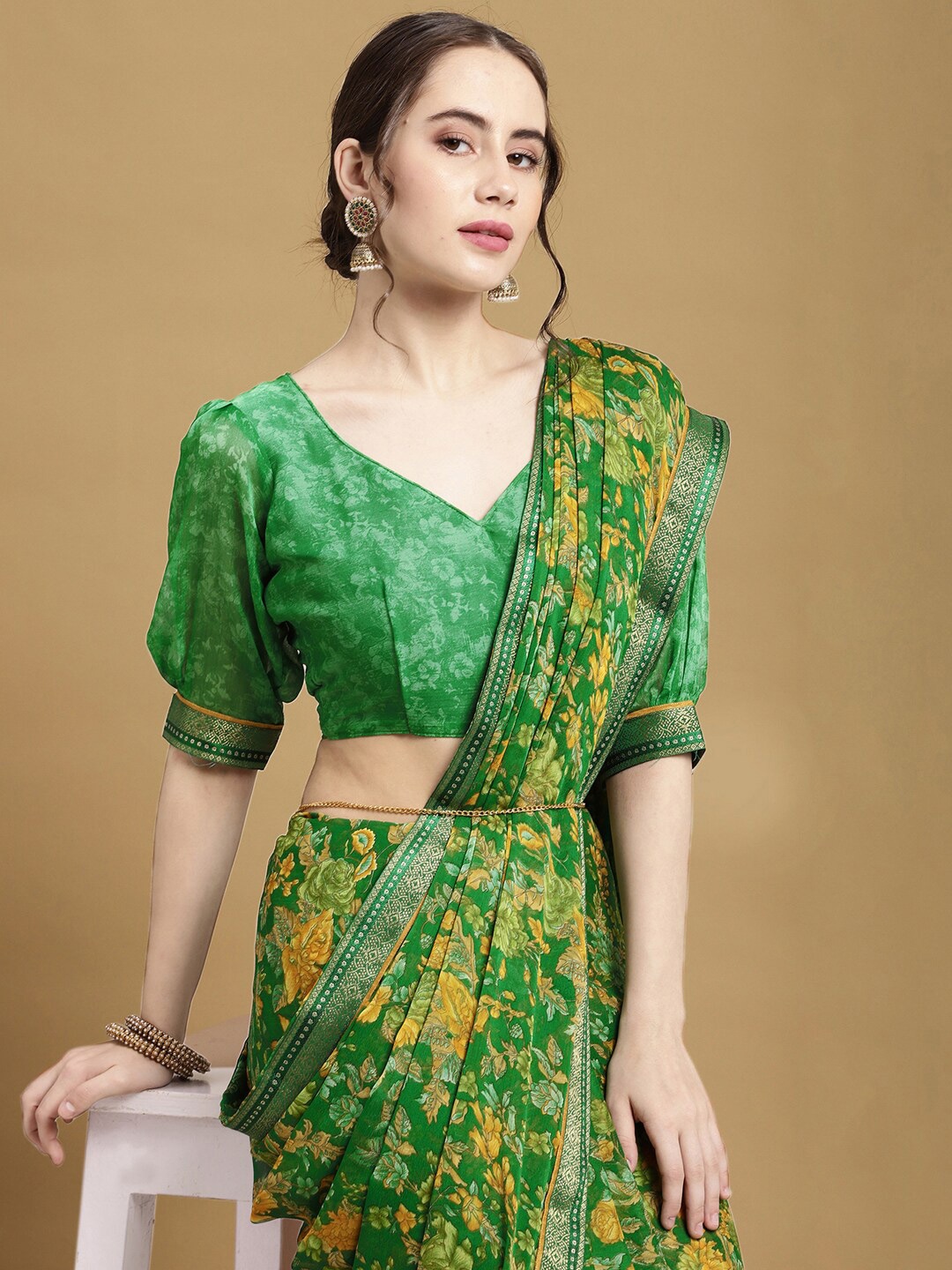 

Satrani Green & Yellow Floral Zari Saree