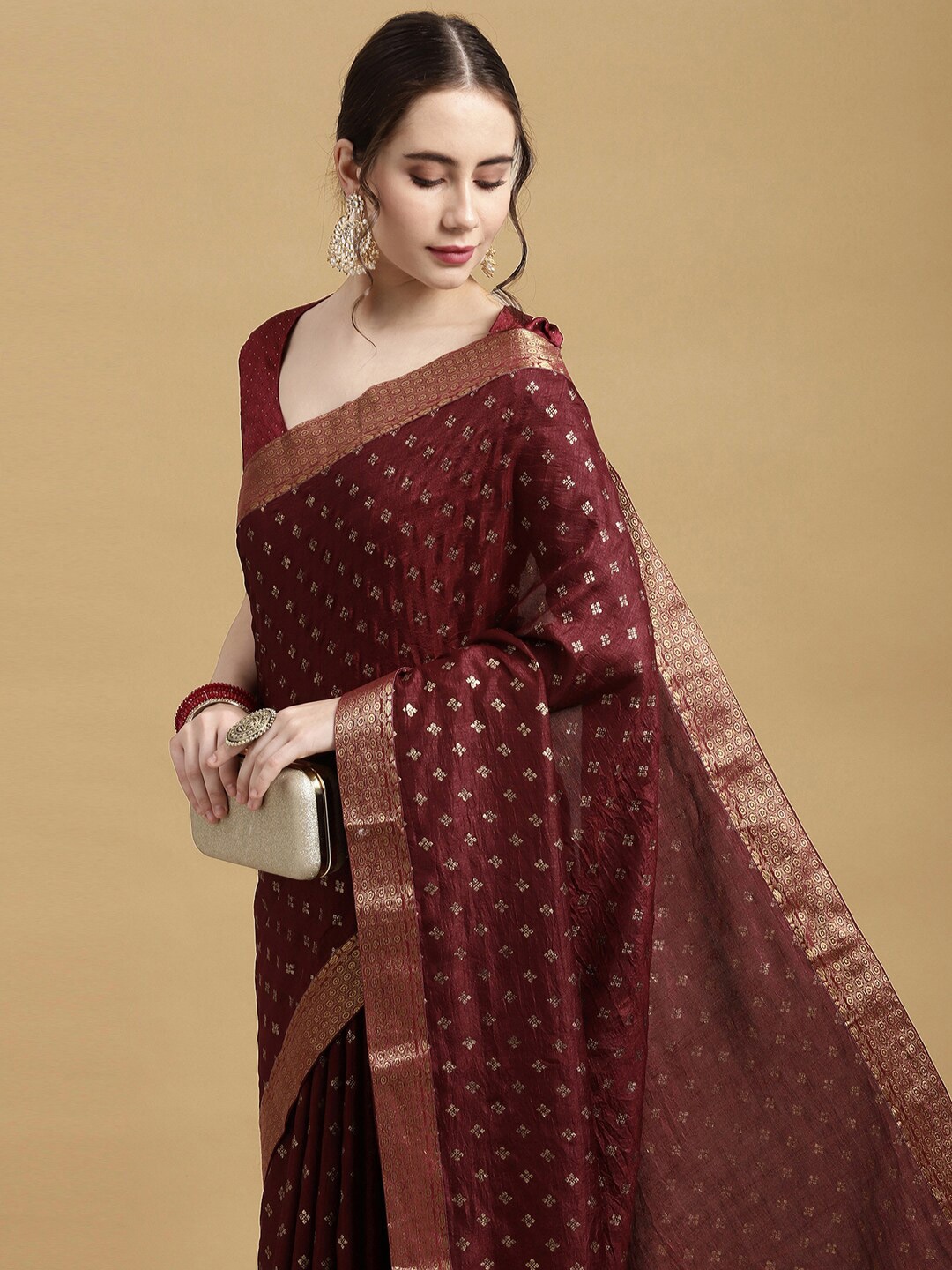 

Satrani Brown & Gold-Toned Ethnic Motifs Zari Silk Blend Saree