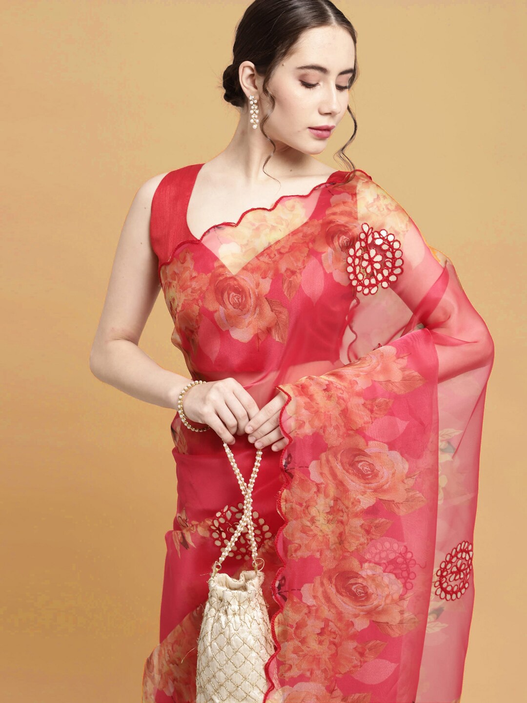 

Satrani Pink & Beige Floral Embroidered Organza Saree