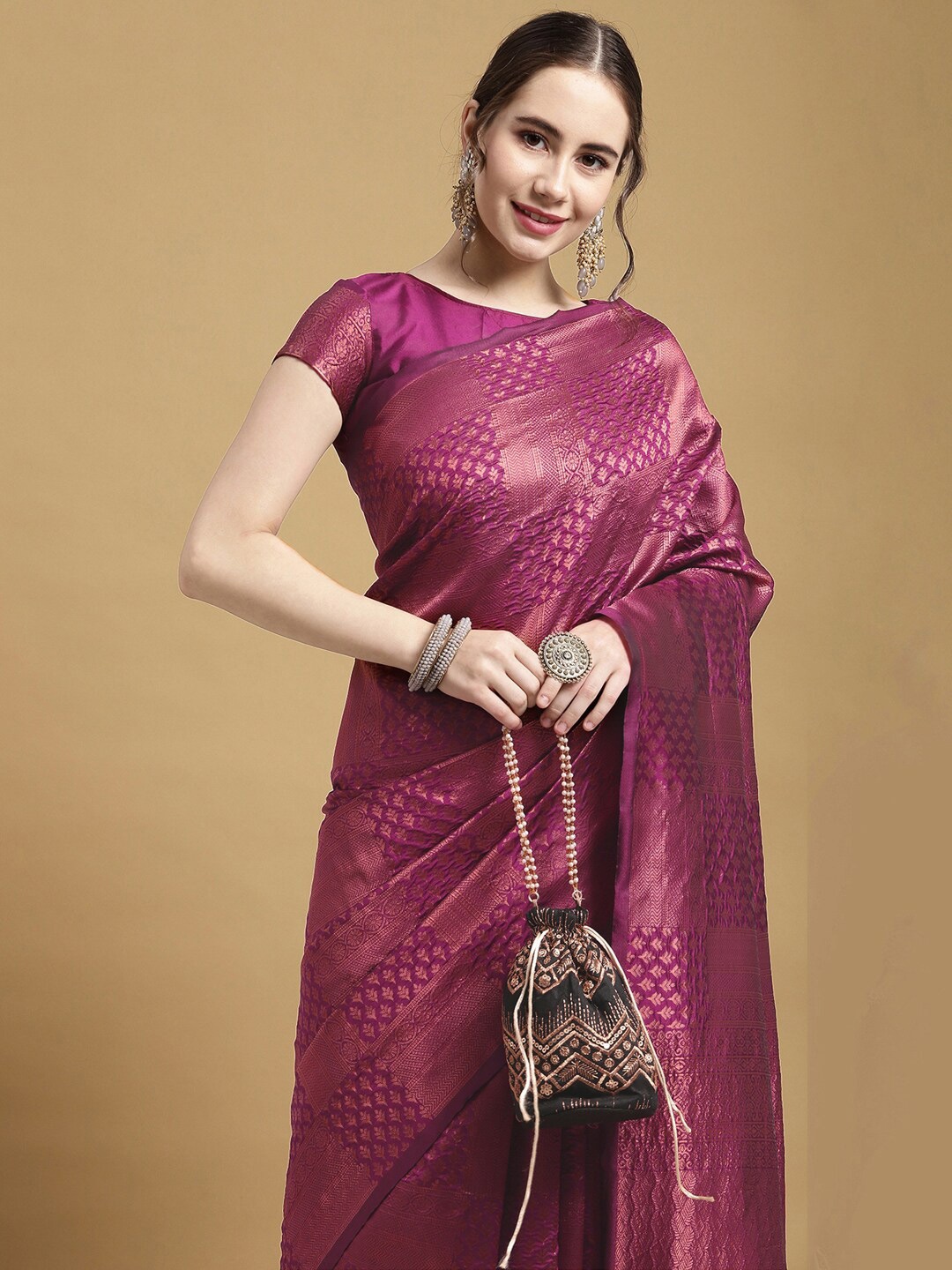 

Satrani Purple & Gold-Toned Ethnic Motifs Zari Banarasi Saree