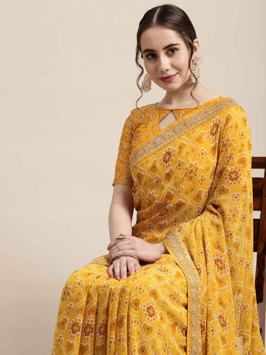 

Satrani Yellow & Gold-Toned Ethnic Motifs Embroidered Bhagalpuri Saree