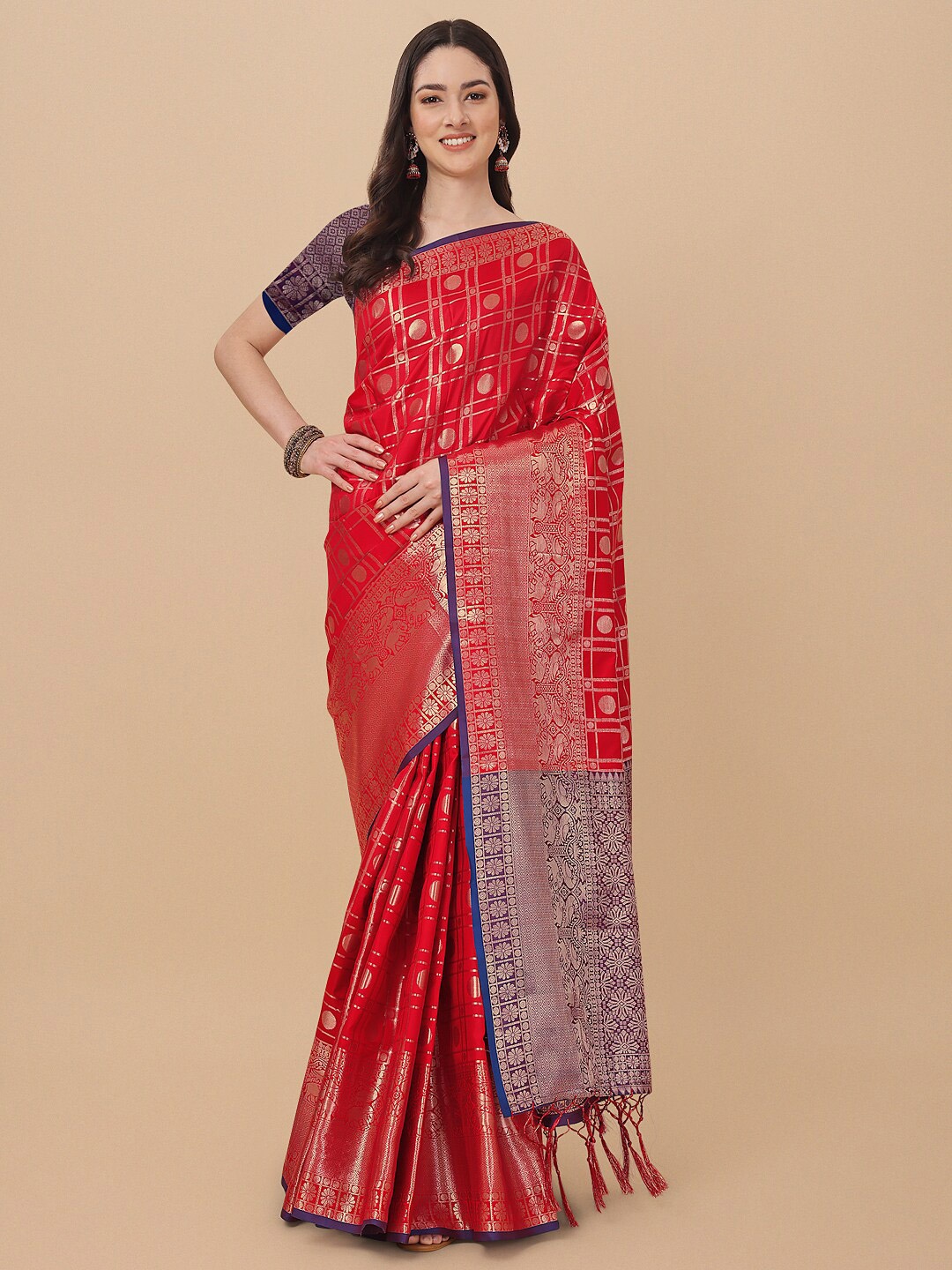 

Mitera Red & Blue Zari Silk Cotton Banarasi Saree