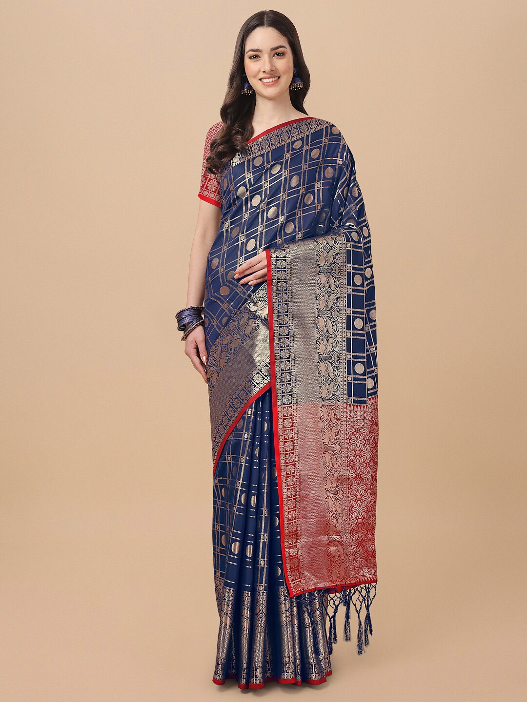 

Mitera Navy Blue & Red Zari Silk Cotton Banarasi Saree