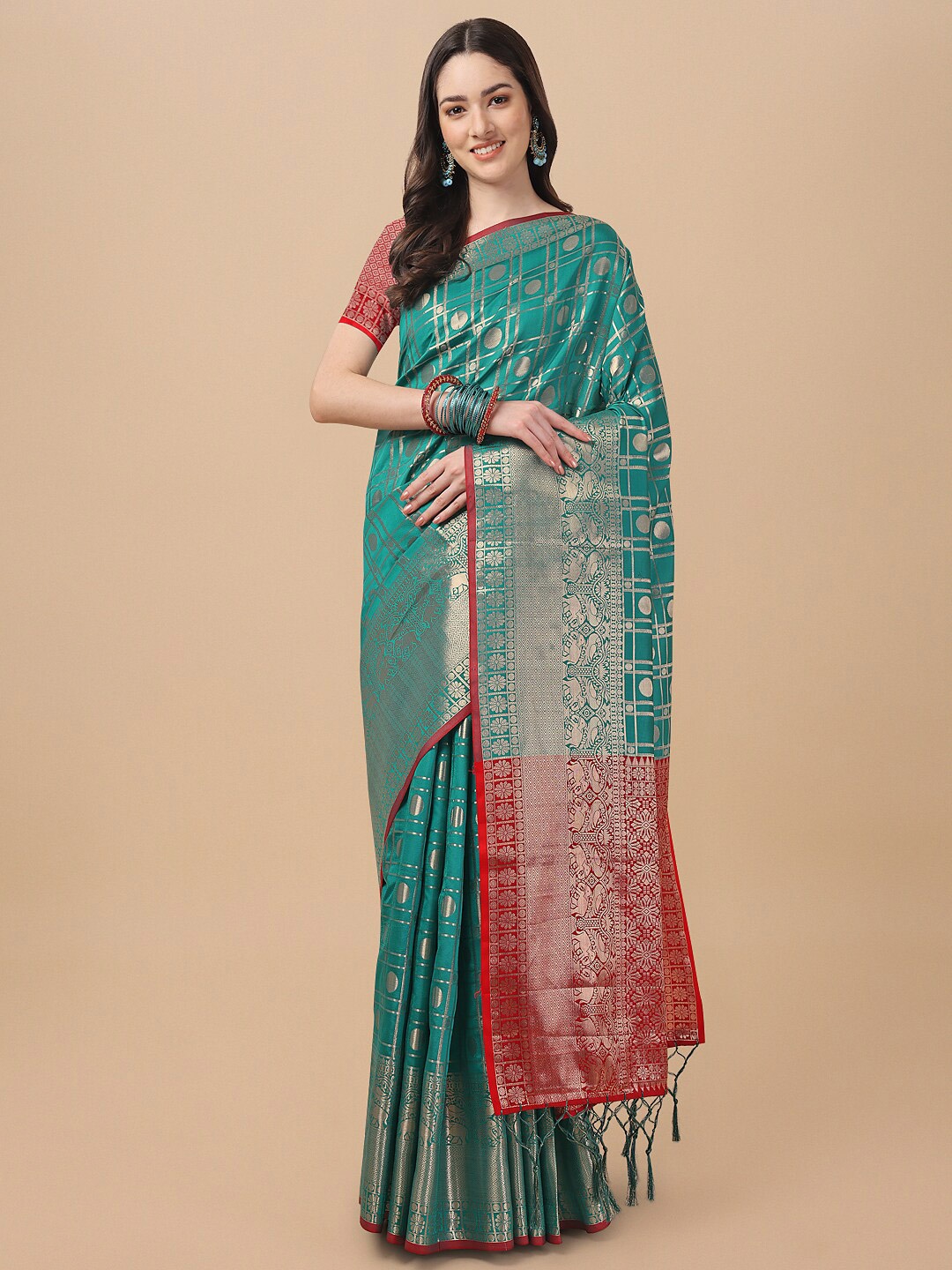 

Mitera Teal & Red Zari Silk Cotton Banarasi Saree