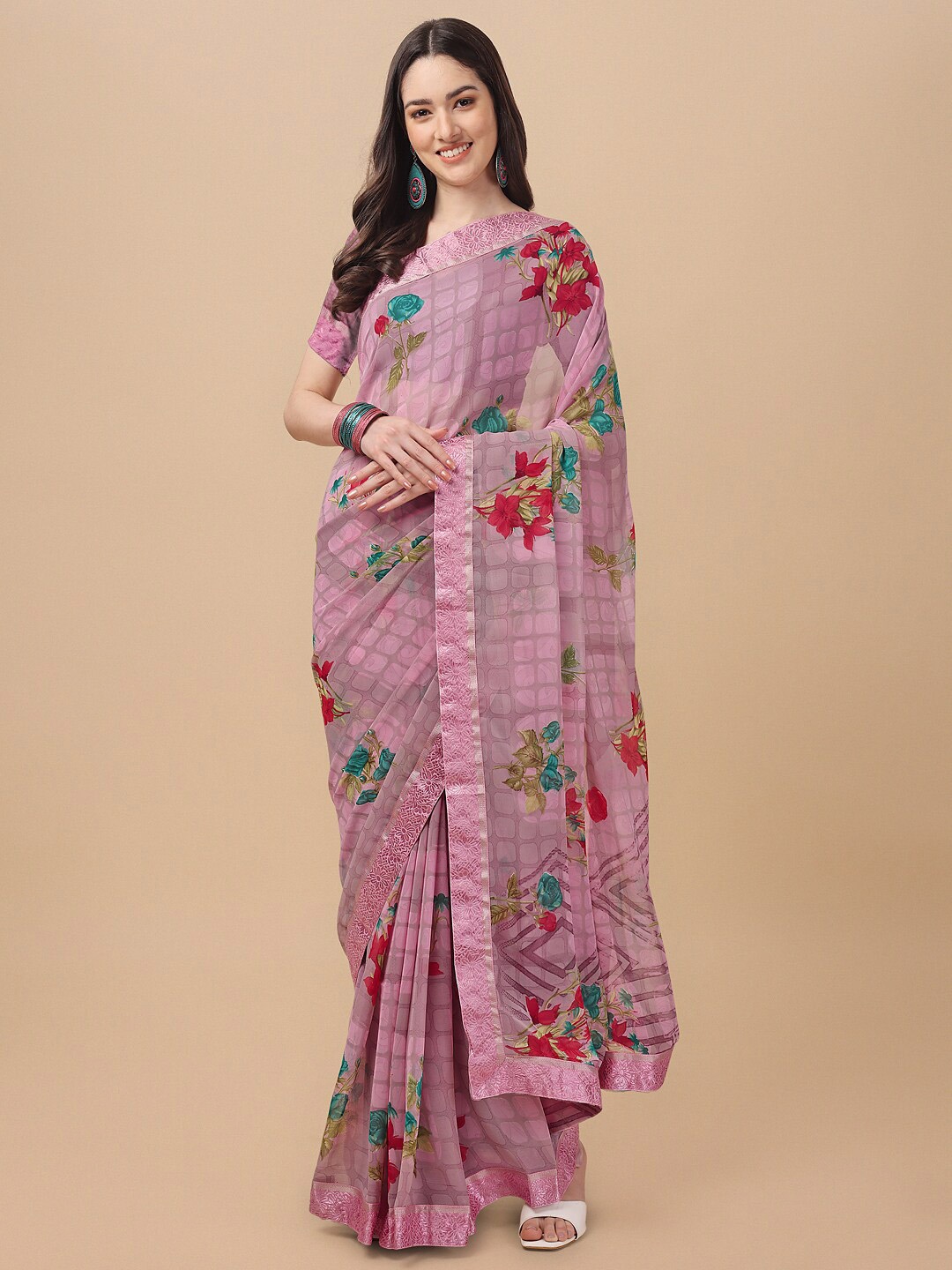 

KALINI Mauve & Red Floral Pure Georgette Saree