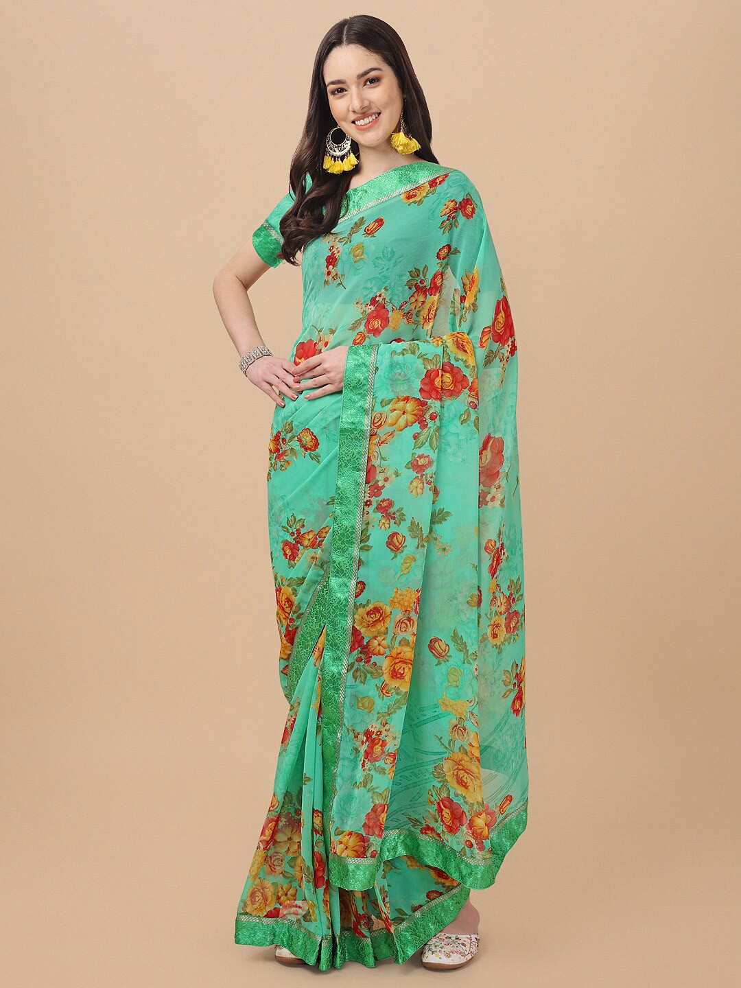 

KALINI Green & Red Floral Pure Georgette Saree