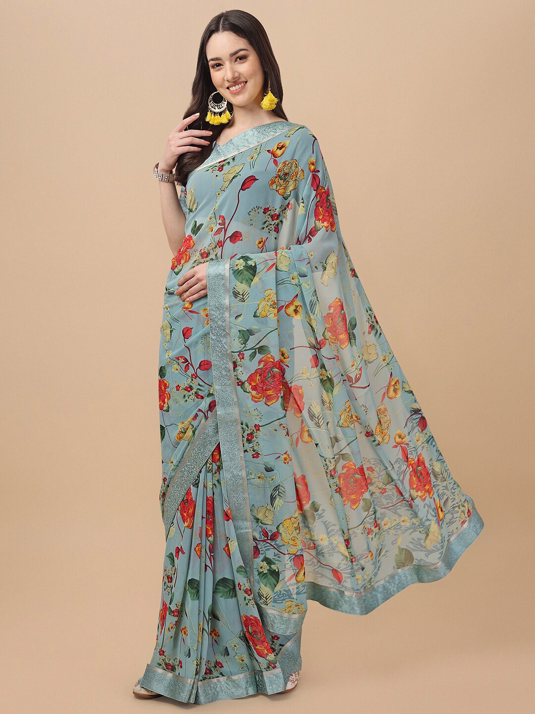 

KALINI Grey & Red Floral Pure Georgette Saree