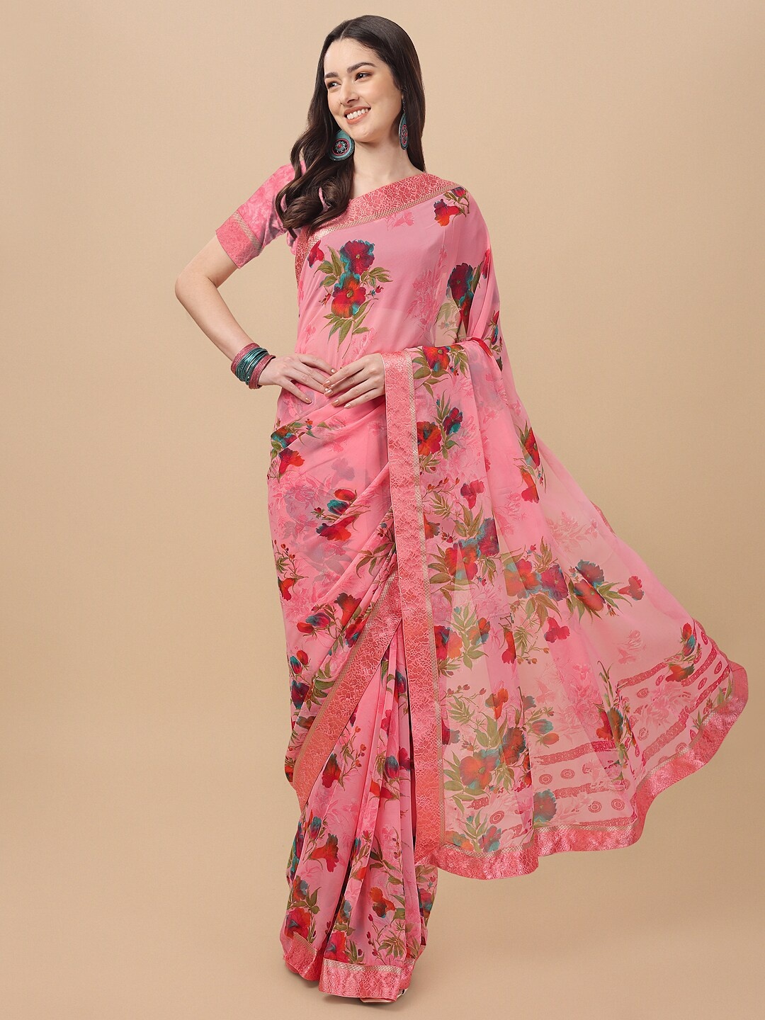 

KALINI Pink & Red Floral Pure Georgette Saree