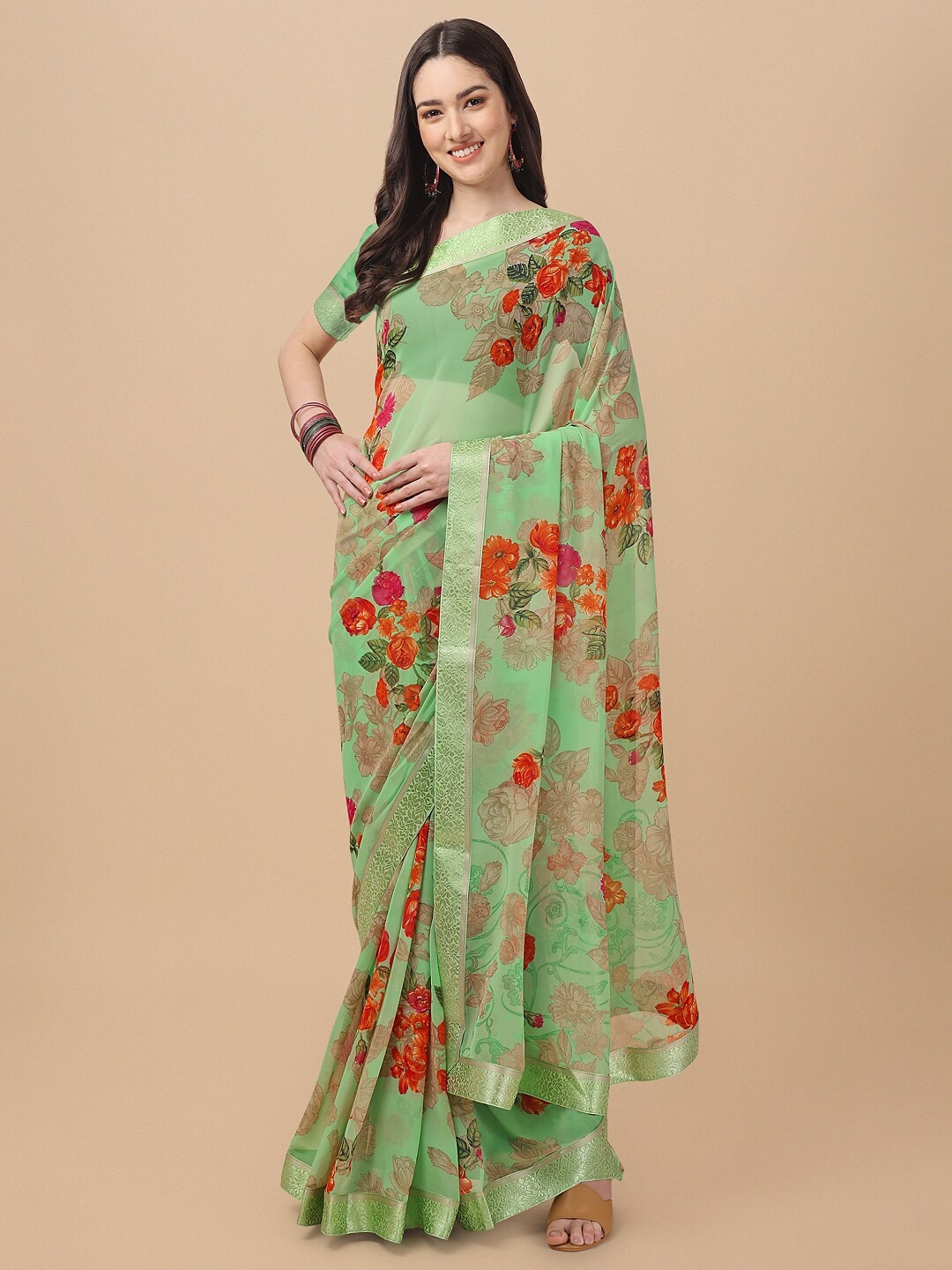 

KALINI Green & Orange Floral Pure Georgette Saree