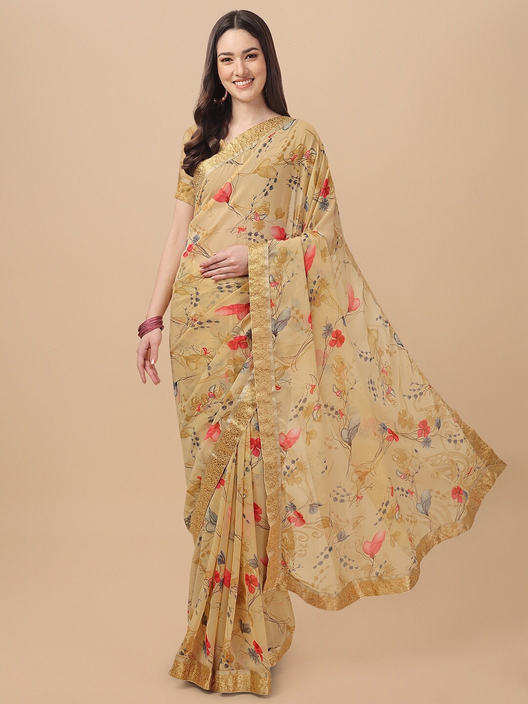 

KALINI Beige & Red Floral Pure Georgette Saree
